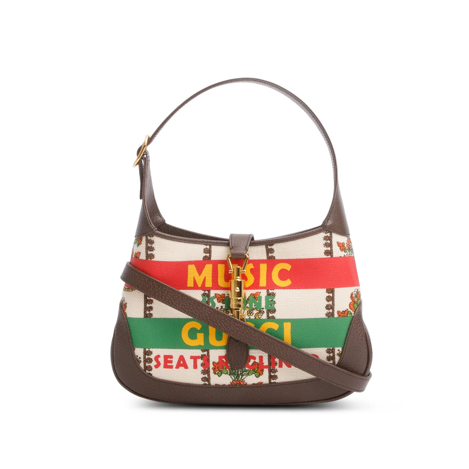 Gucci Neutral & Multicolor Music Is Mine Canvas Brown Leather Trim Small Jackie 1961 Shoulder Bag w/ Strap