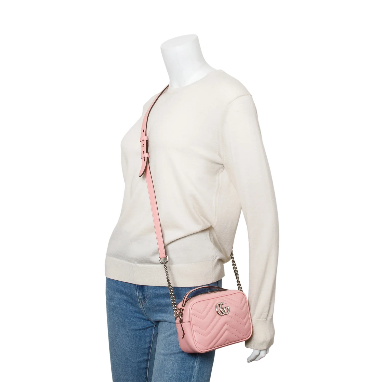 Gucci Pink Calfskin Matelasse Mini GG Marmont Camera Bag w/ Box - Image 2
