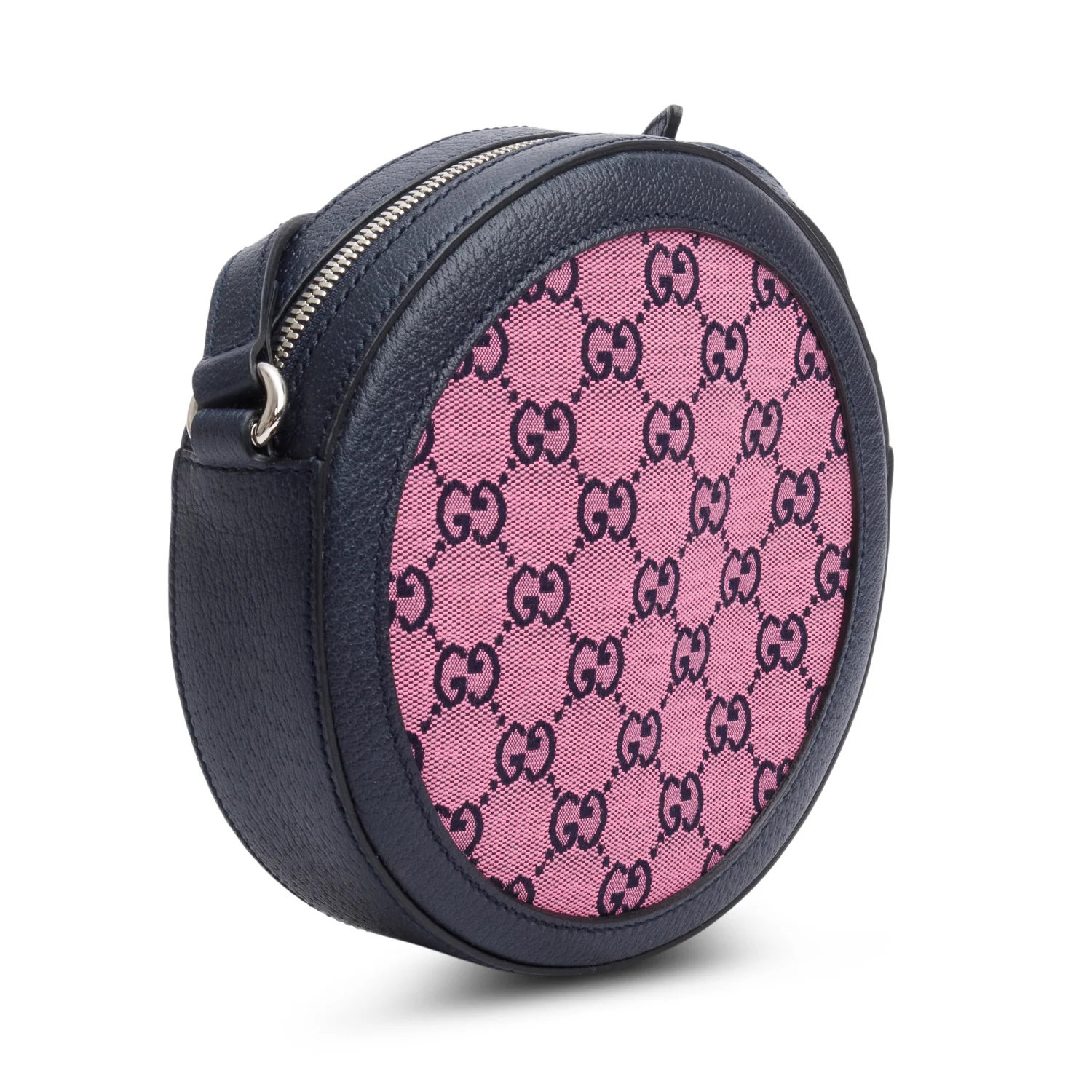 Gucci Pink GG Canvas Navy Leather Mini Round Crossbody Bag - Image 6