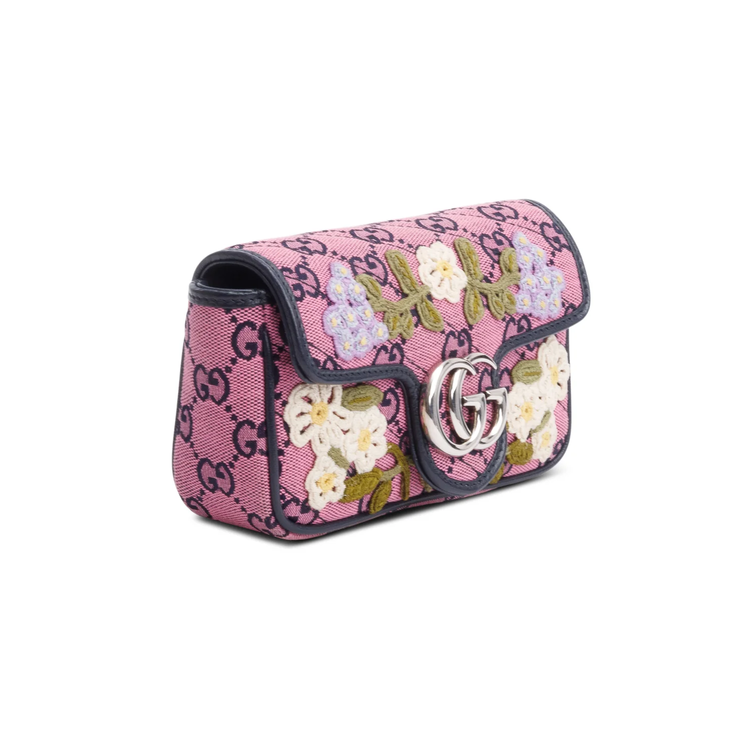 Gucci Pink Monogram Matelasse Floral Embroidered Super Mini GG Marmont Shoulder Bag - Image 4