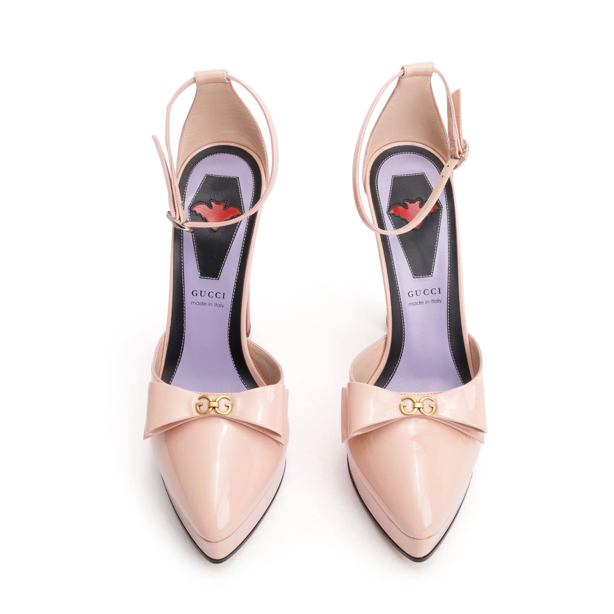 Gucci Pink Patent Leather Crystal GG Bow Sadie Spike Ankle Strap d'Orsay Platform Pumps, Size 39 - Image 2