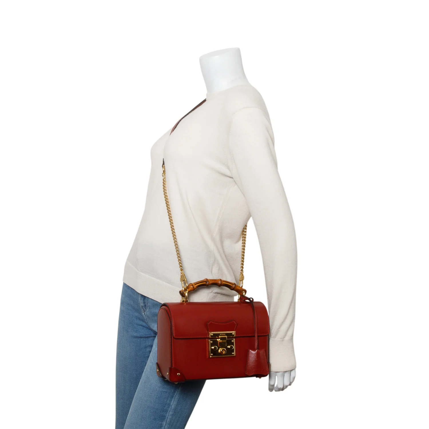 Gucci Red Azalea Calfskin Small Padlock Bamboo Shoulder Bag w/ Strap - Image 2