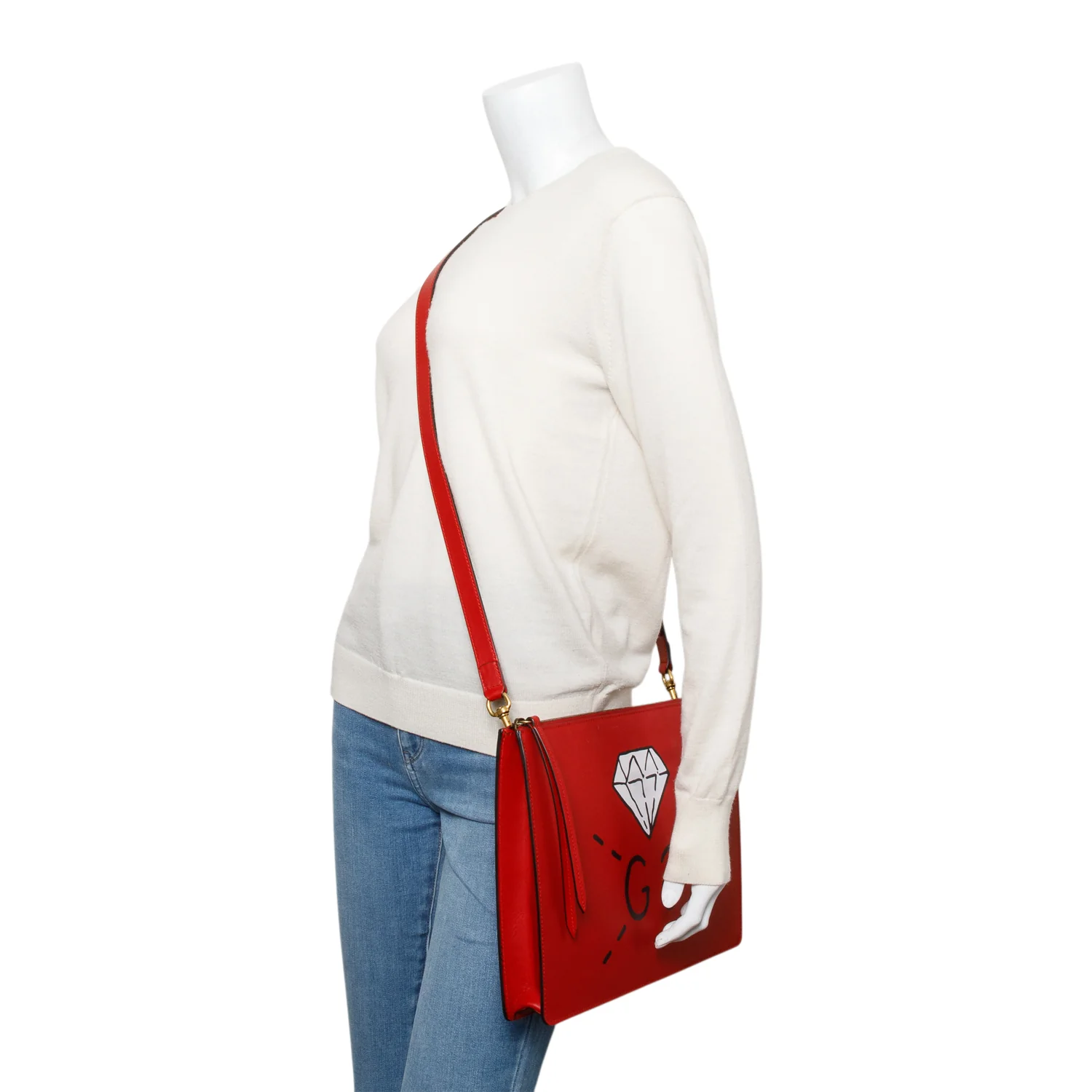 Gucci Red Calfskin Leather Ghost GG Diamond Messenger Bag w/ Strap - Image 2