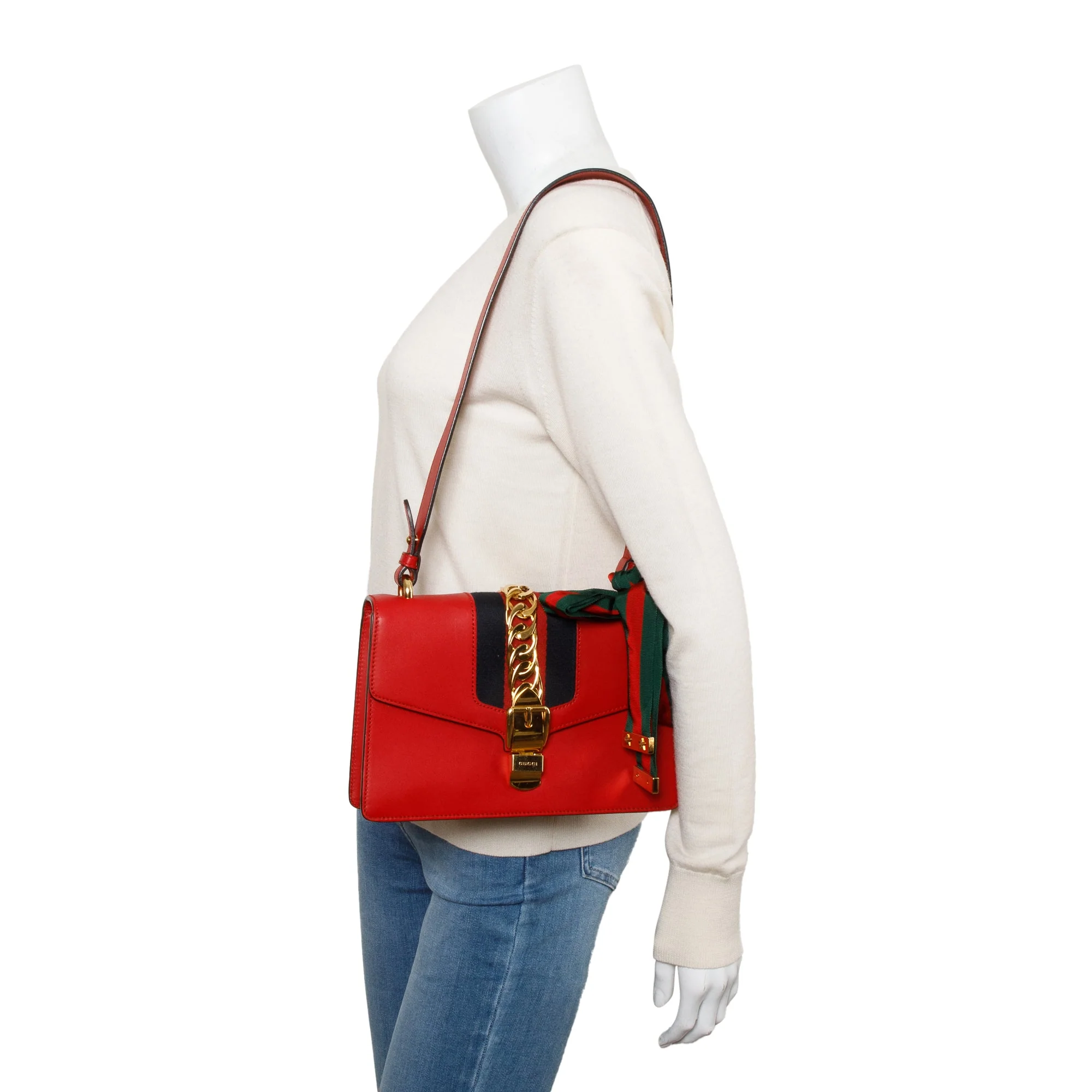 Gucci Red Calfskin Leather Web Small Sylvie Shoulder Bag - Image 2