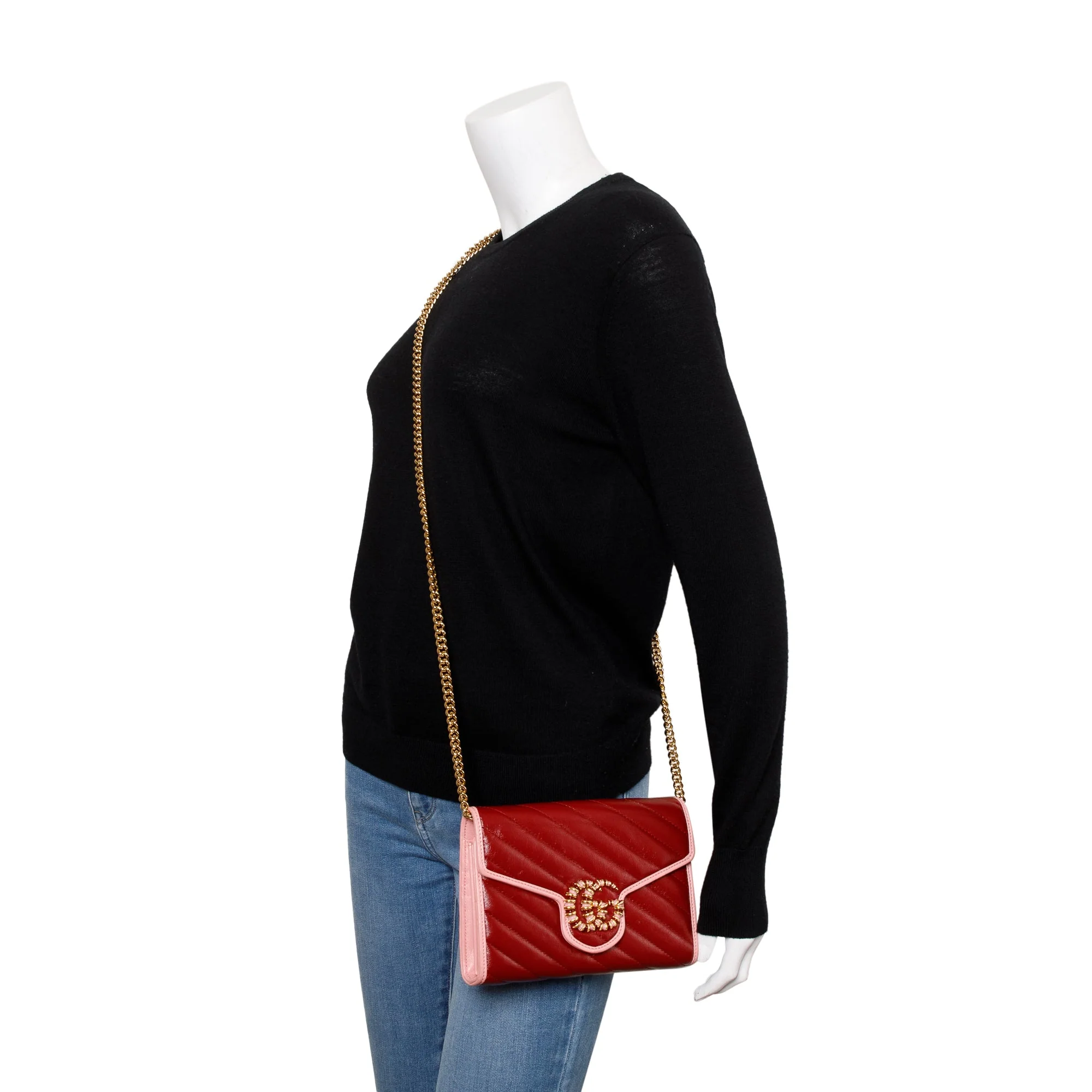Gucci Red GG Marmont Azalea Calfskin Enamel Diagonal Torchon Wallet on Chain - Image 2