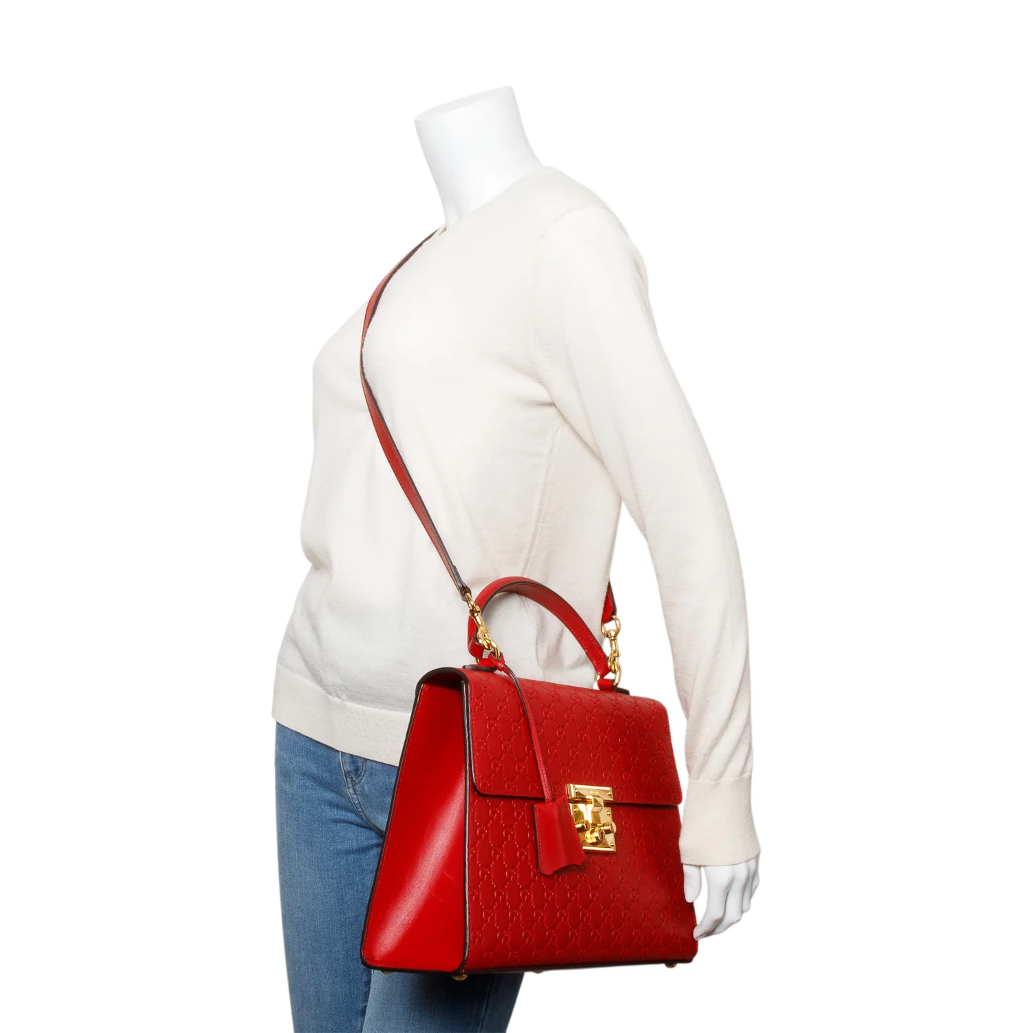 Gucci Red Signature Leather Medium Padlock Top Handle Bag w/ Strap - Image 2