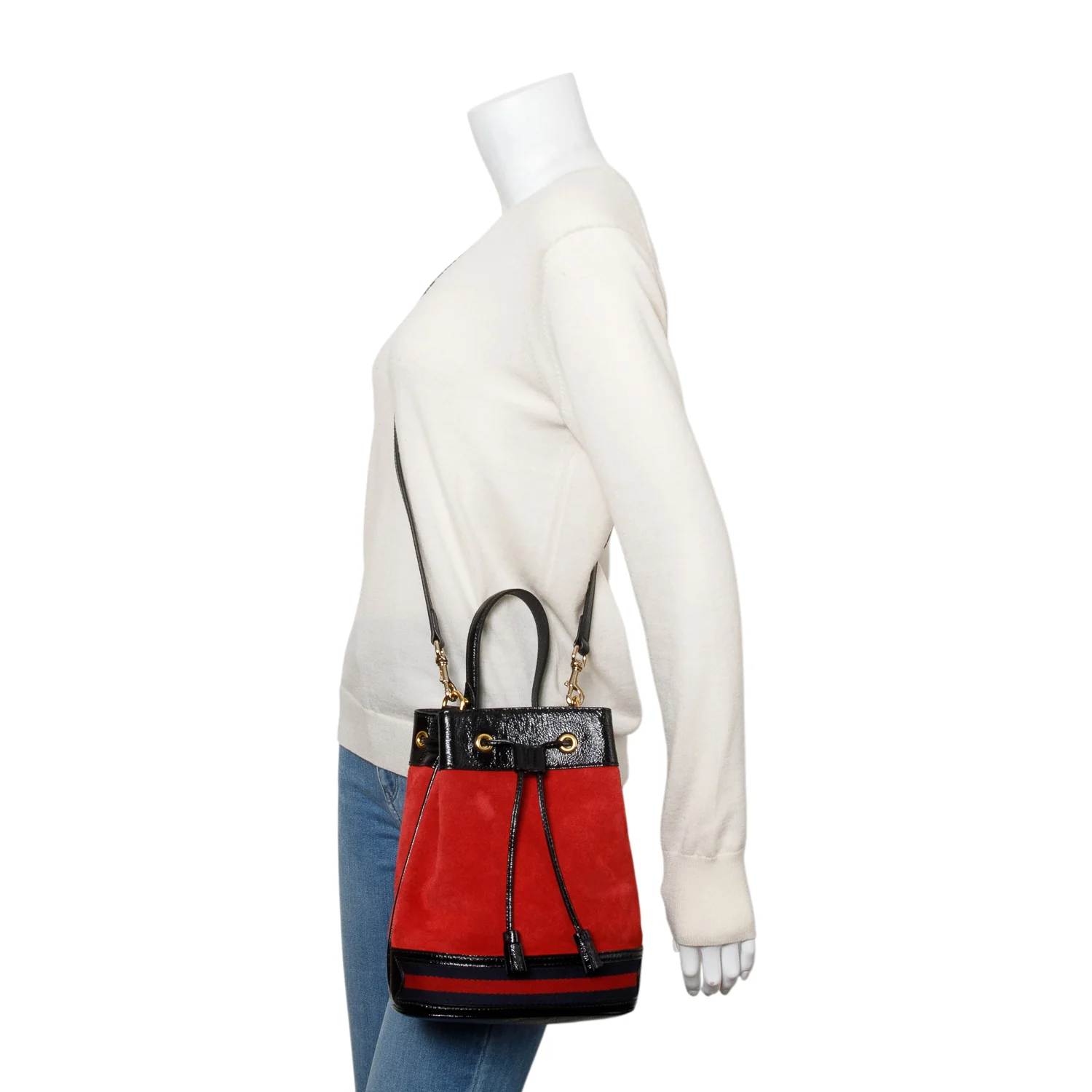 Gucci Red Suede Black Patent Leather Web Ophidia Small Bucket Bag - Image 2