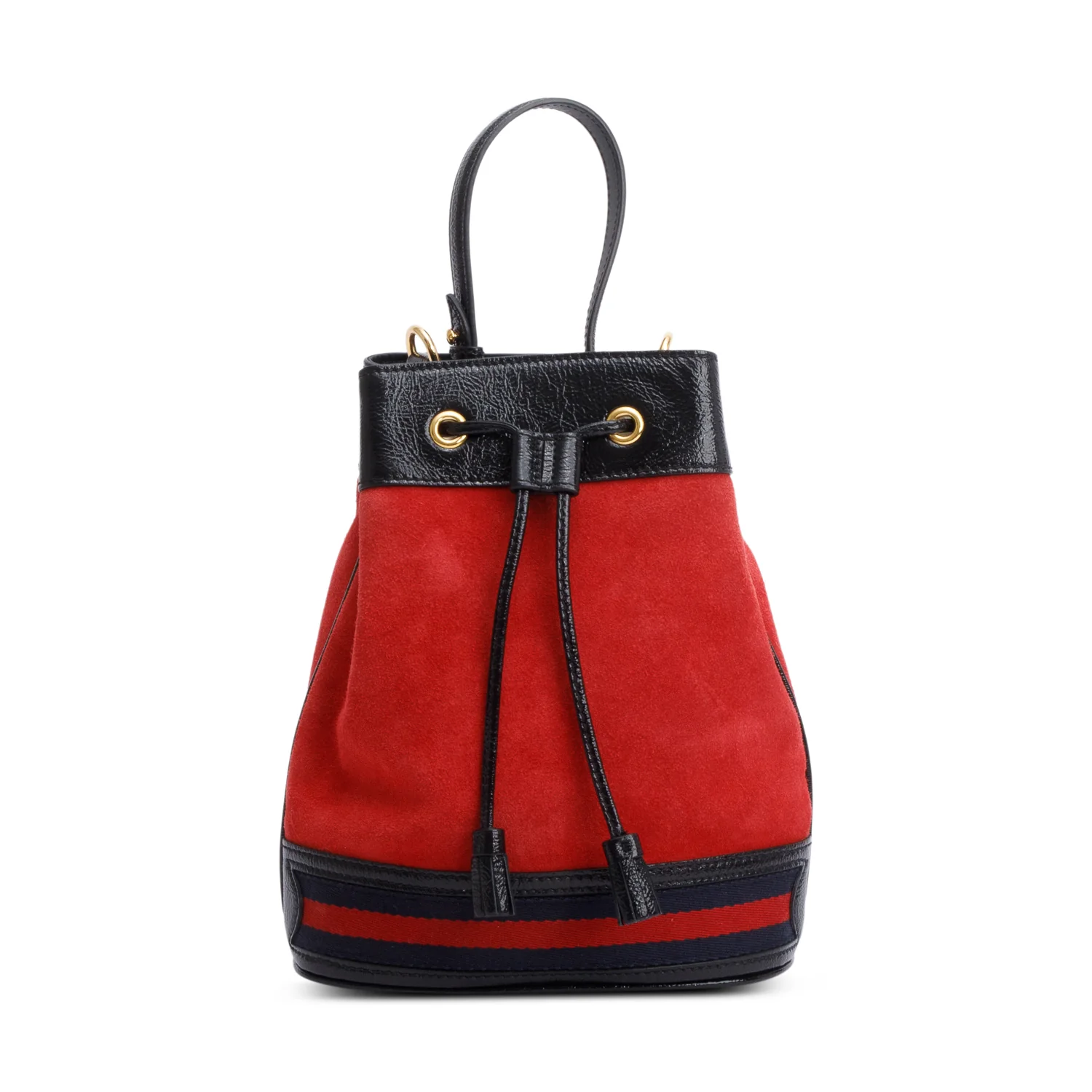 Gucci Red Suede Black Patent Leather Web Ophidia Small Bucket Bag - Image 3