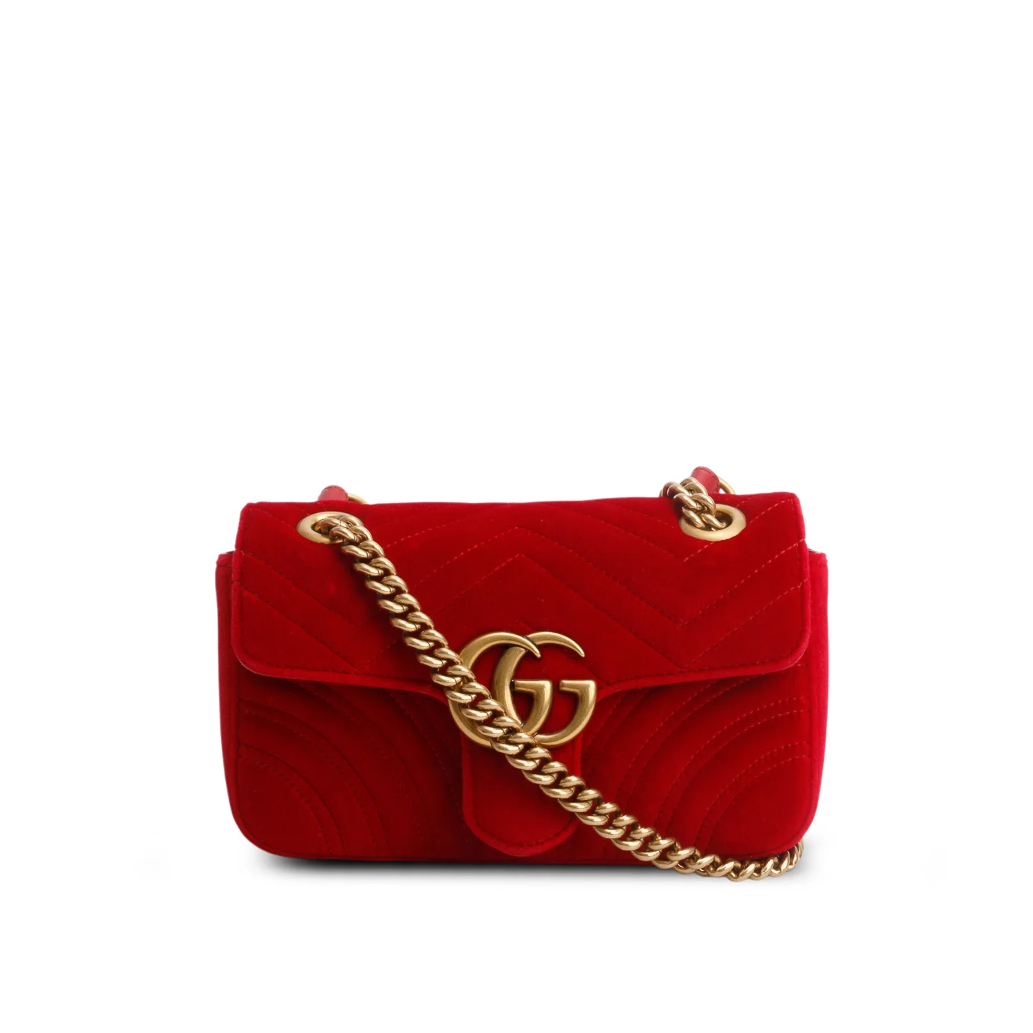 Gucci Red Velvet Matelasse Small GG Marmont Shoulder Bag w/ Box