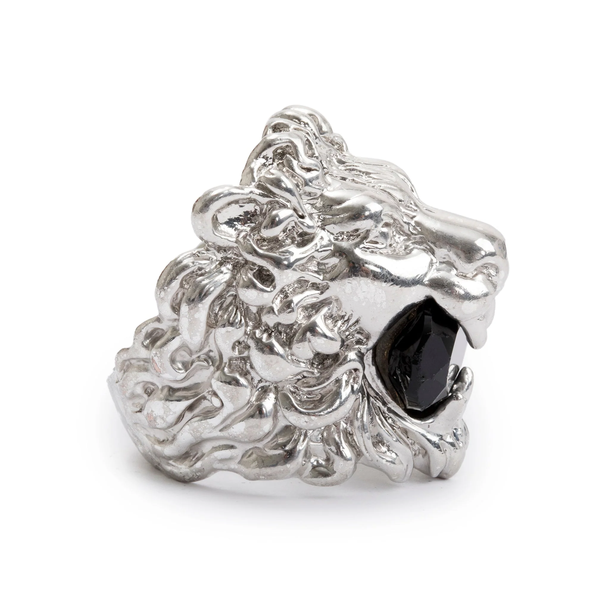 Gucci Silver-Tone Metal Black Crystal Lion Head Ring, Size 16 7 - Image 3