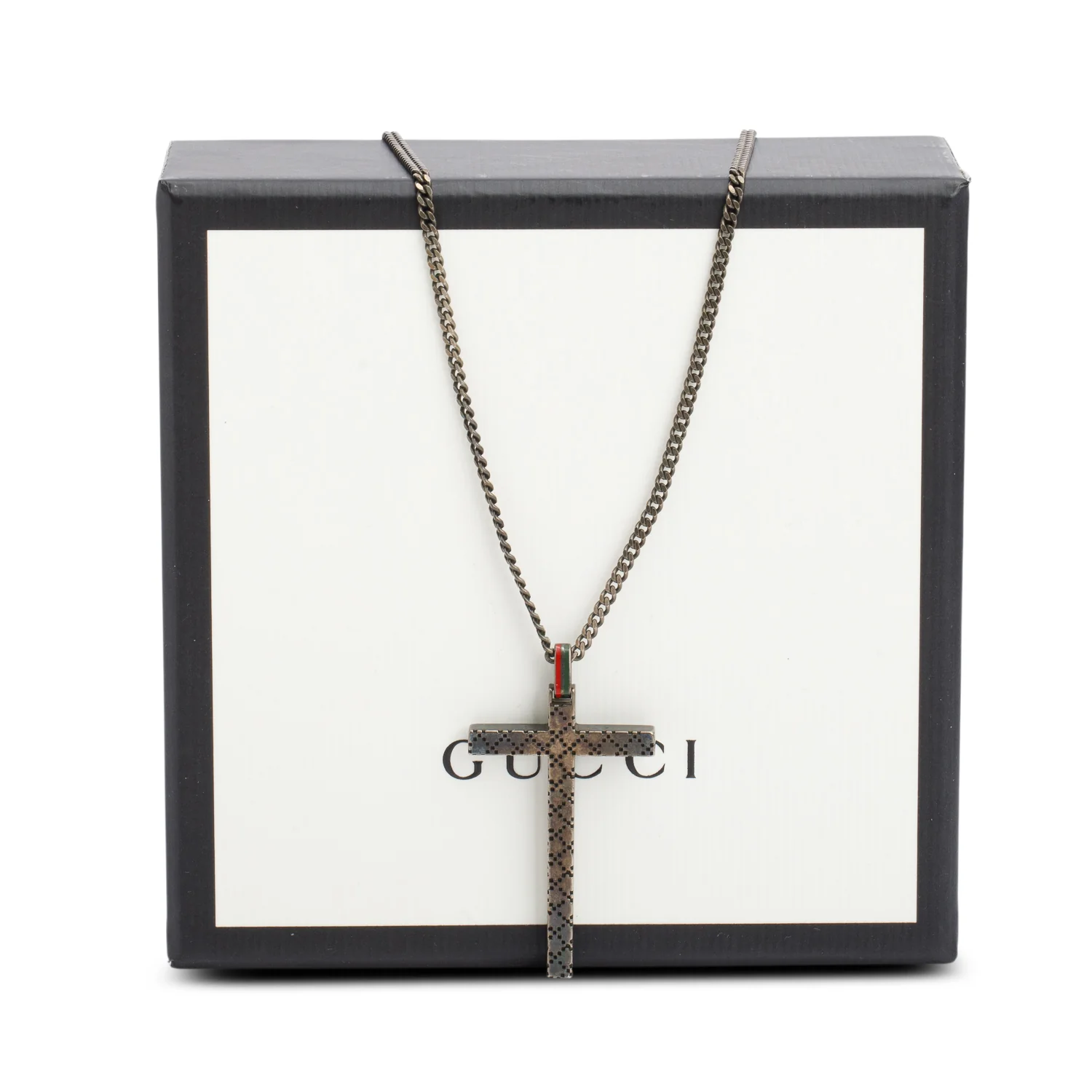 Gucci Sterling Silver Enamel Diamantissima Cross Pendant Necklace w/ Box - Image 3