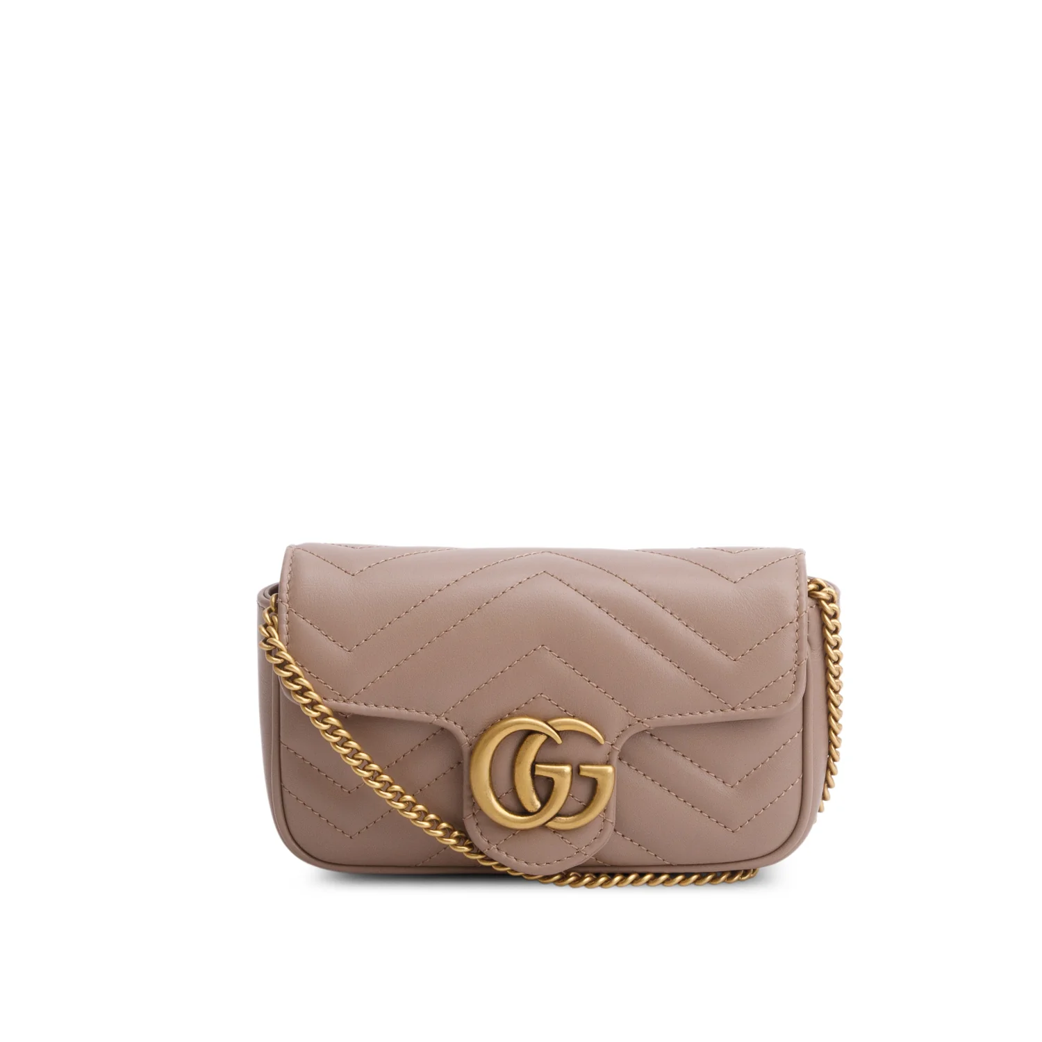 Gucci Taupe GG Marmont Matelasse Leather Super Mini Bag w/ Box