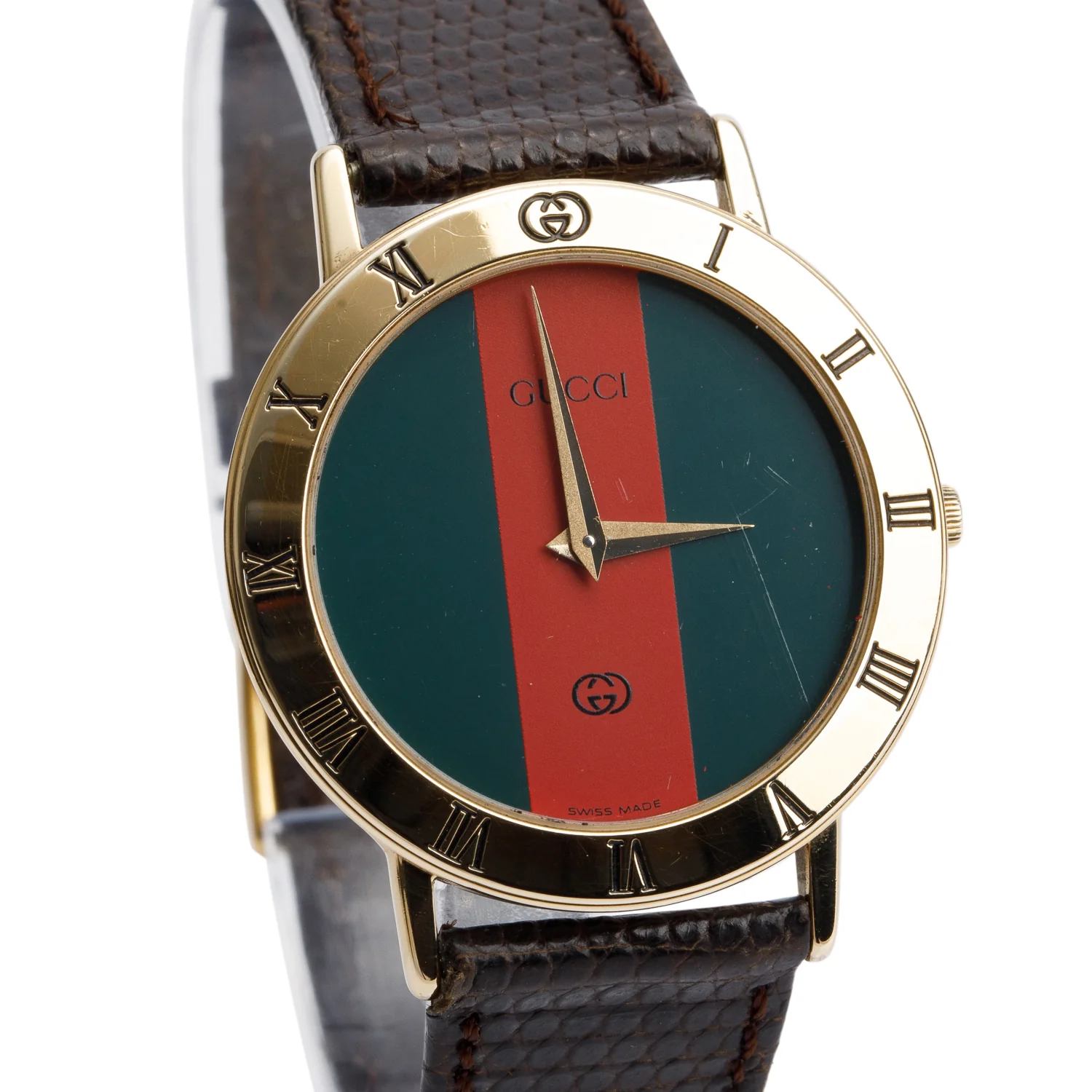 Gucci Vintage Gold Plated Stainless Steel 3001M Series 33 MM Quartz Watch Green & Red Web Dial w/ Box - Image 3