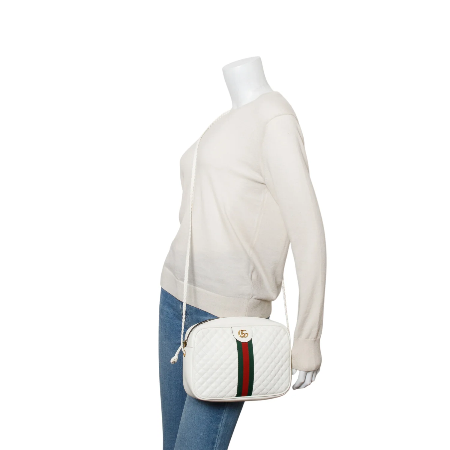 Gucci White Calfskin Calfskin Web Trapuntata Small GG Shoulder Bag - Image 2
