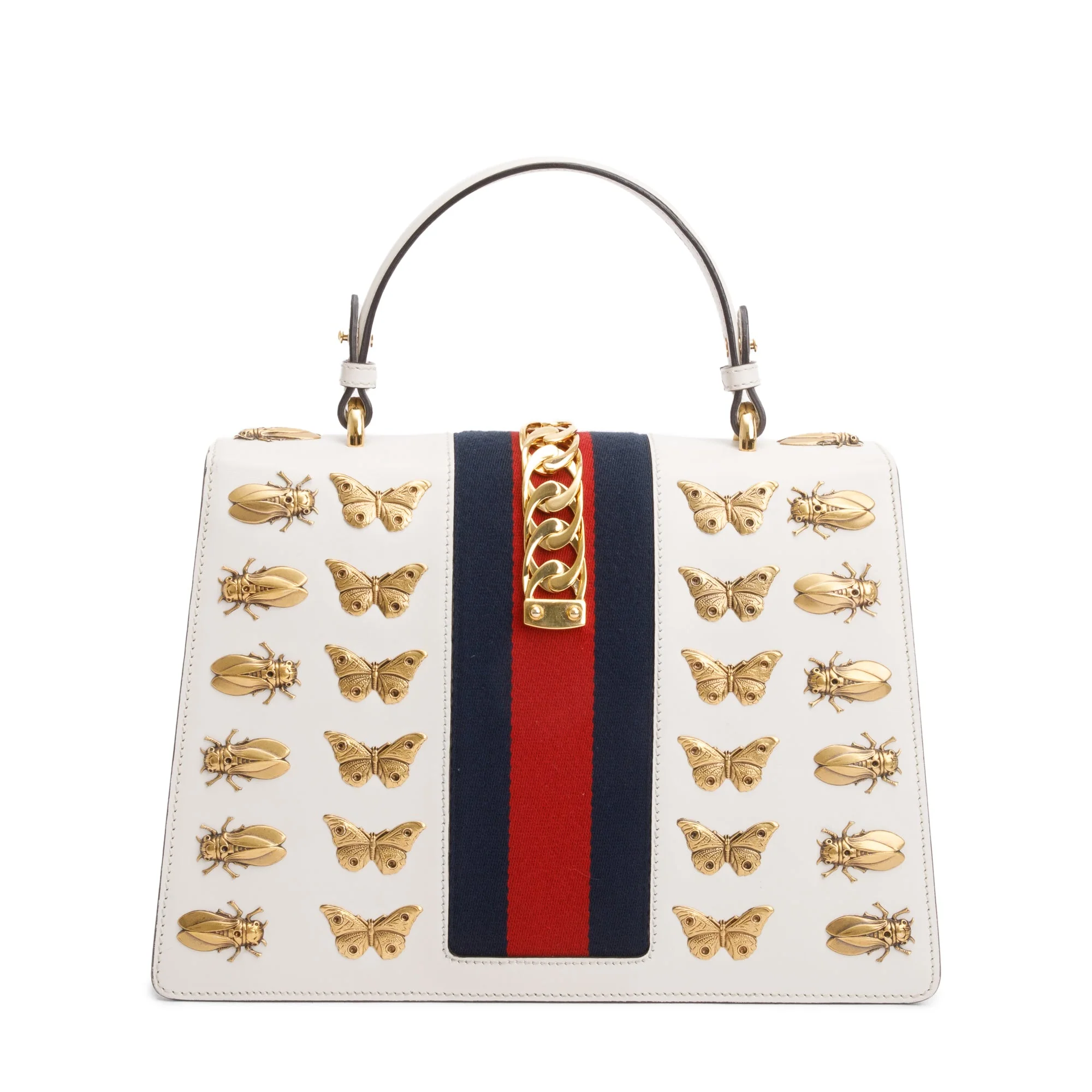 Gucci White Calfskin Leather Animal Studs Medium Sylvie Handle Bag - Image 3