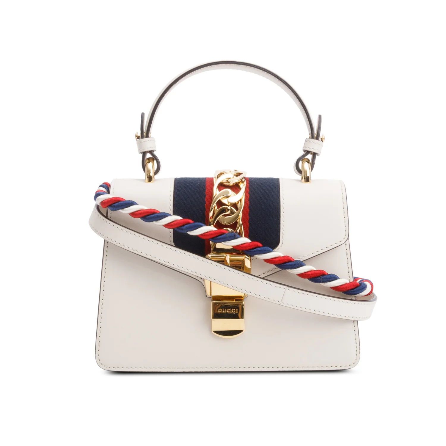 Gucci White Calfskin Leather Mini Sylvie Handle Bag w/ Straps