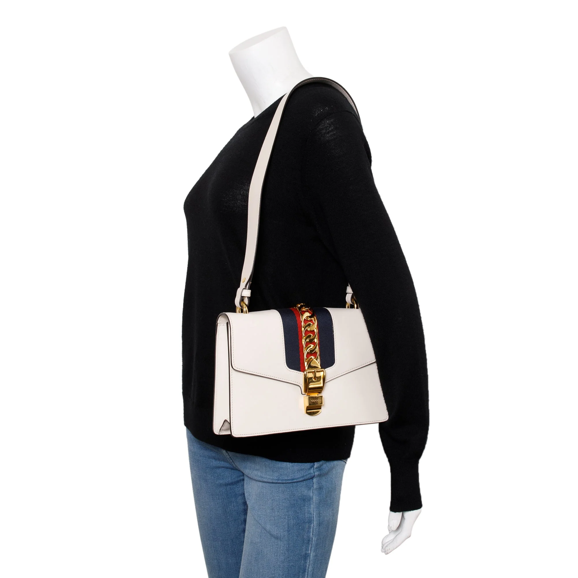 Gucci White Calfskin Leather Small Sylvie Handle Bag w/ Strap - Image 2