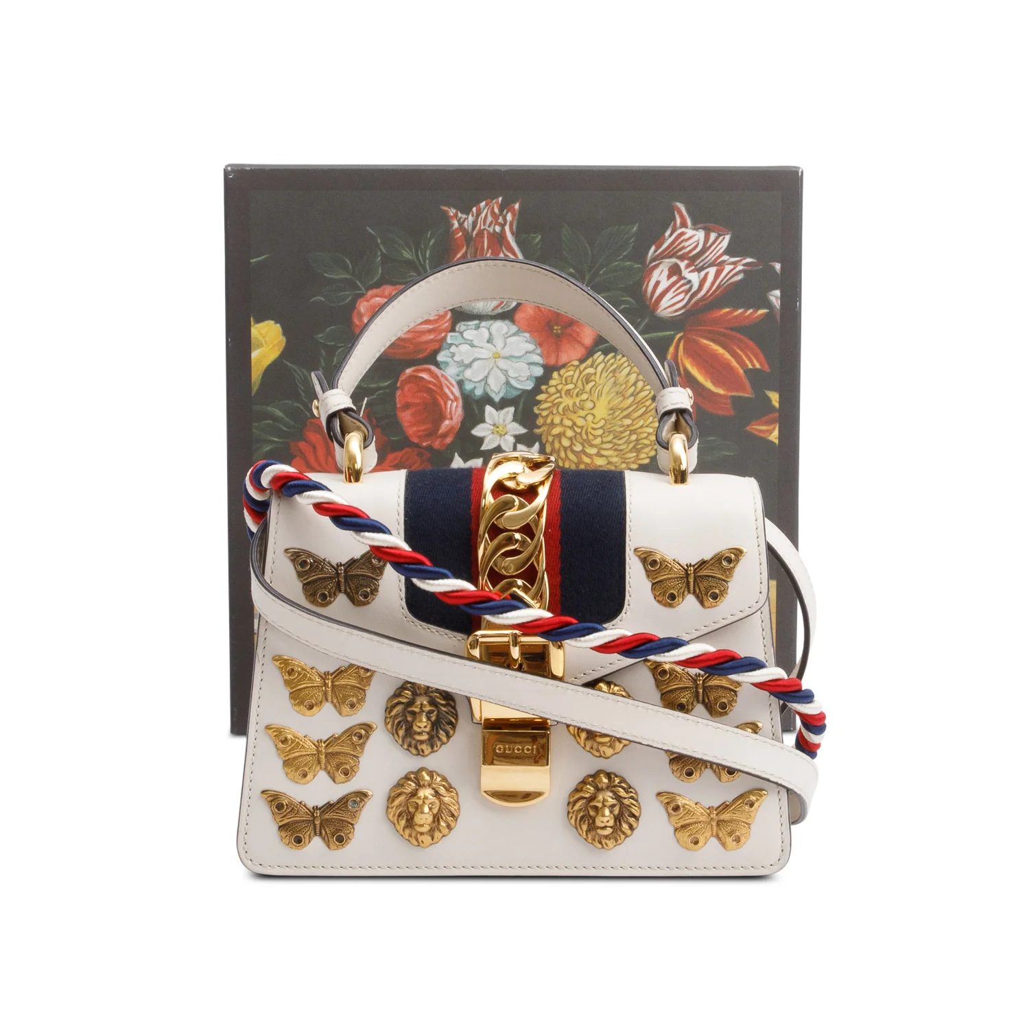 Gucci White Calfskin Leather Web Animal Studs Mini Sylvie Top Handle Bag w/ Straps & Box - Image 3