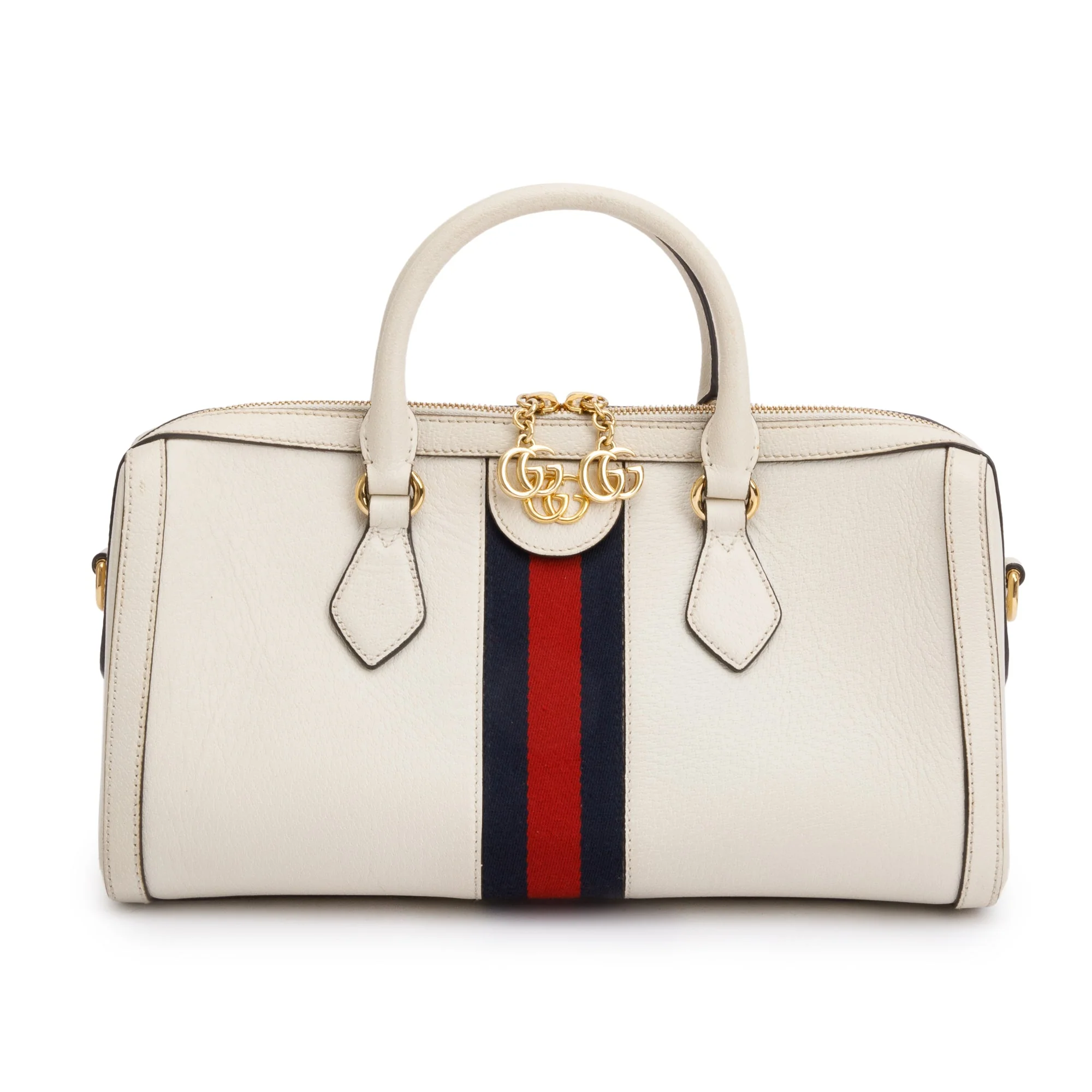 Gucci White Calfskin Leather Web Medium Ophidia Boston Bag w/ Strap & Box - Image 4