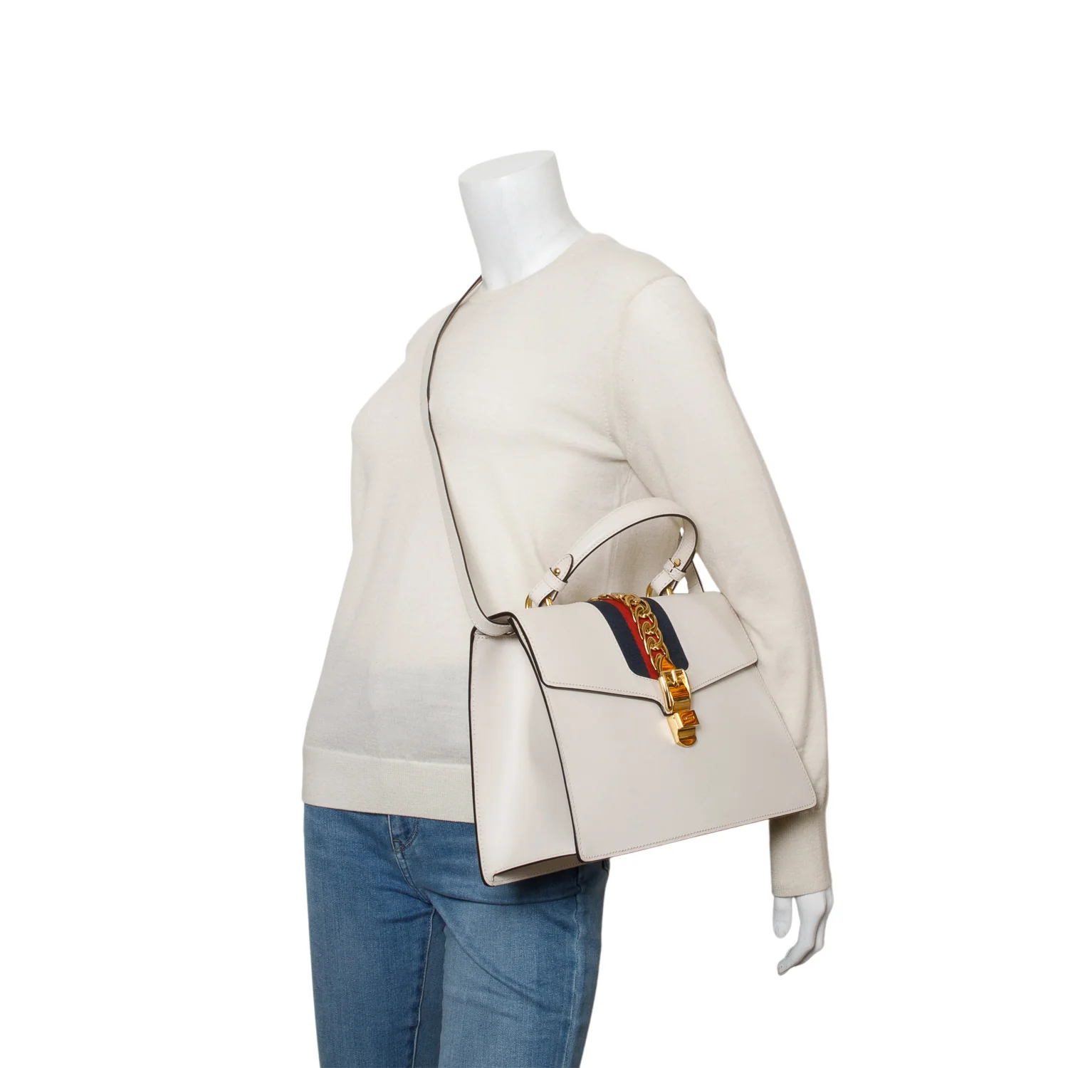 Gucci White Calfskin Leather Web Medium Sylvie Handle Bag w/ Strap - Image 2