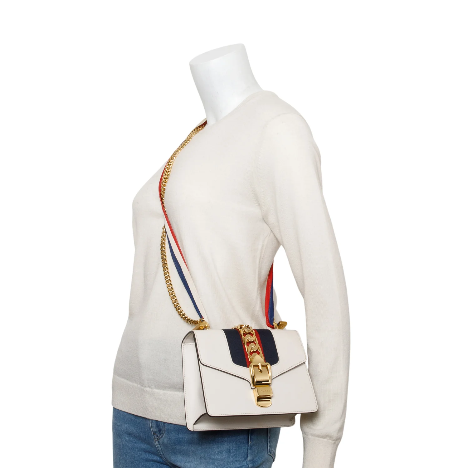 Gucci White Calfskin Leather Web Mini Sylvie Chain Shoulder Bag - Image 2