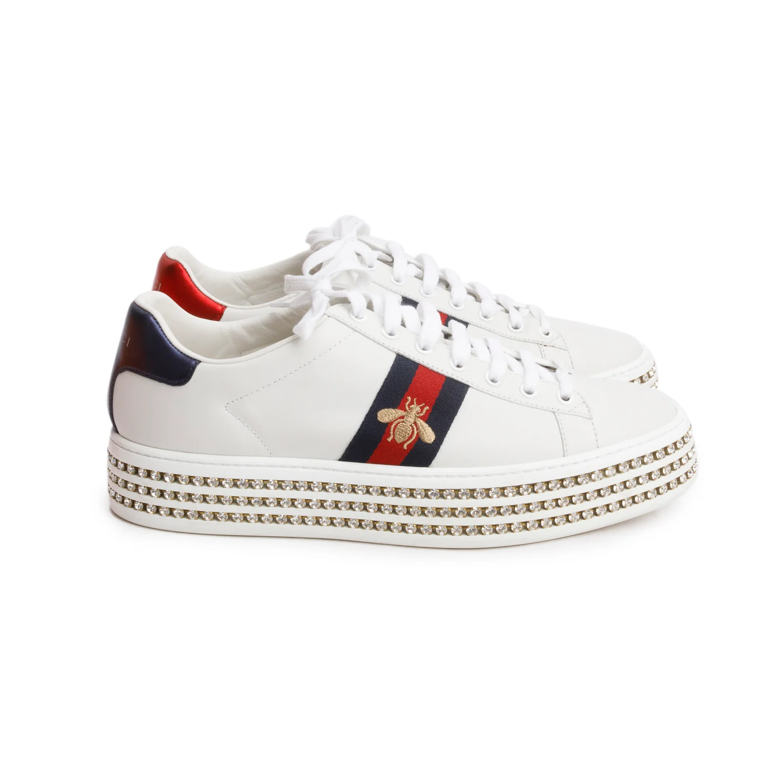 Gucci White Calfskin Web Bee Embroidered Crystal Platform Ace Sneakers, Size 41 w/ Box - Image 3