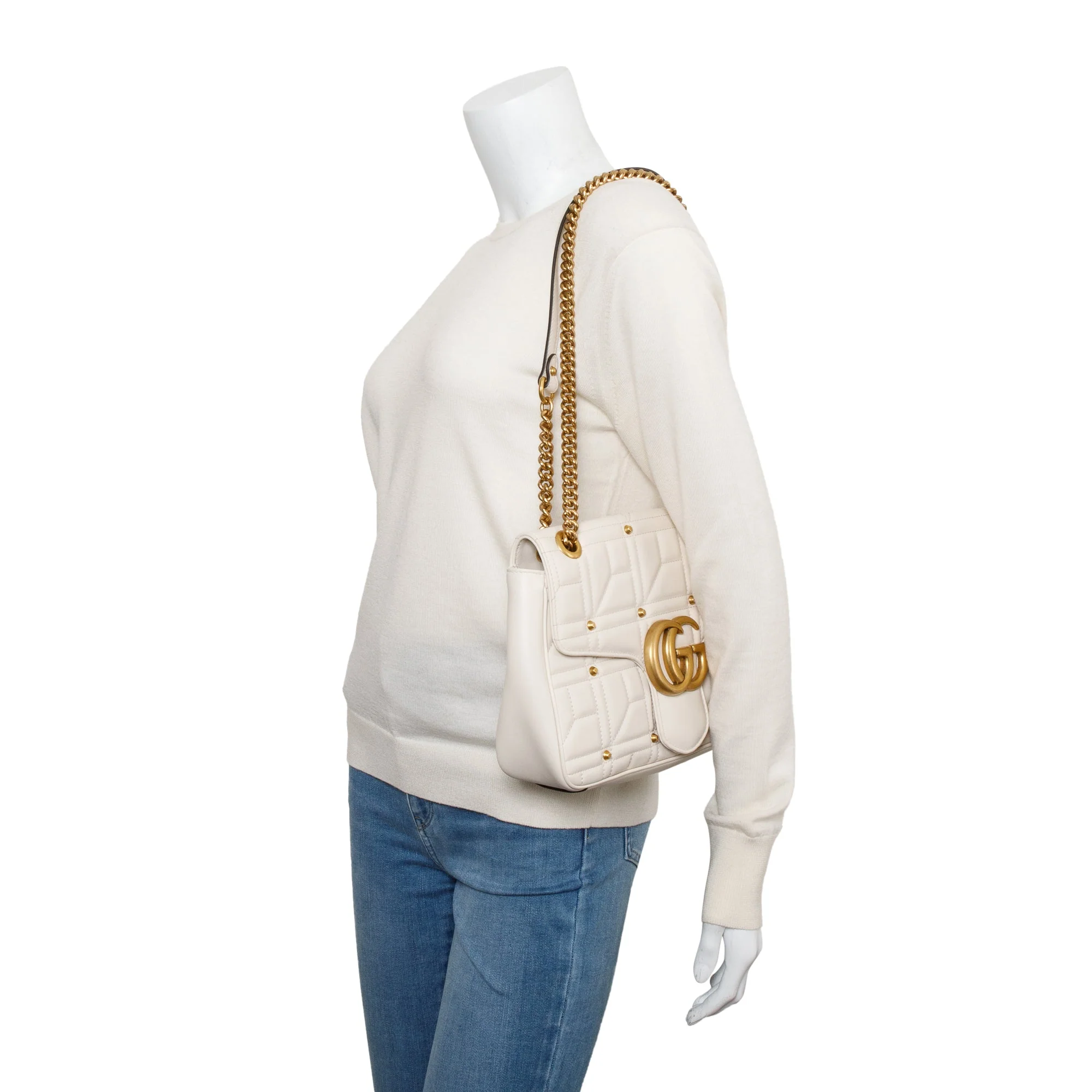 Gucci White GG Marmont Matelasse Medium Studded Shoulder Bag - Image 2