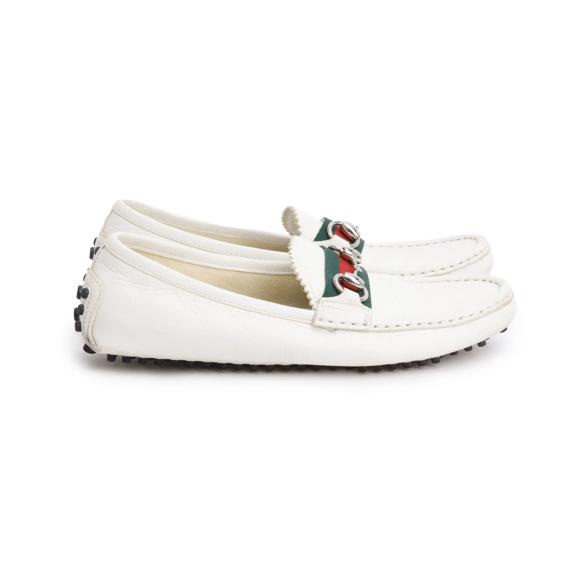 Gucci White Leather Web Horsebit Accent Loafers, Size 36.5 - Image 2