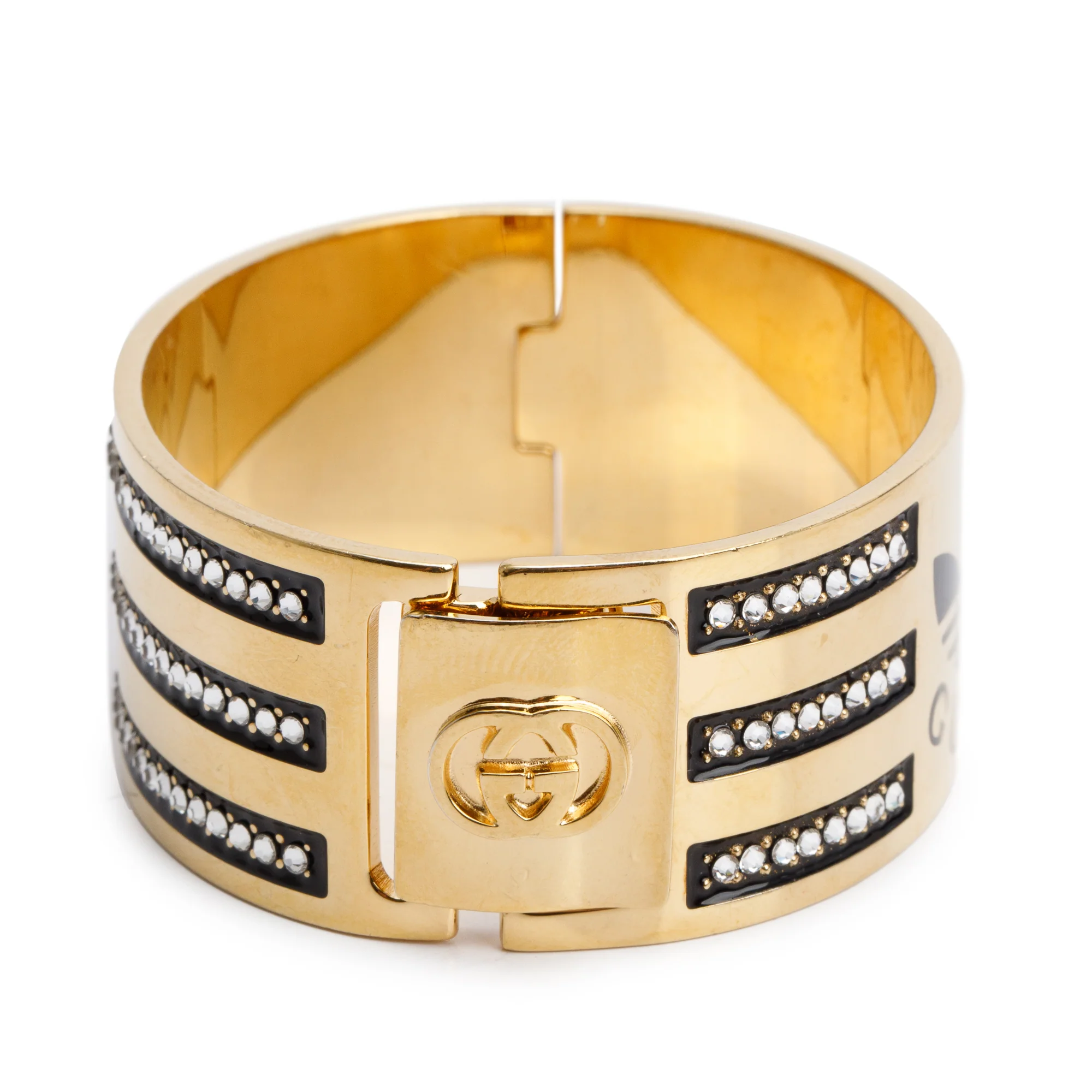 Gucci x Adidas Gold Plated Enamel & Crystal Hinged Bangle Bracelet - Image 3