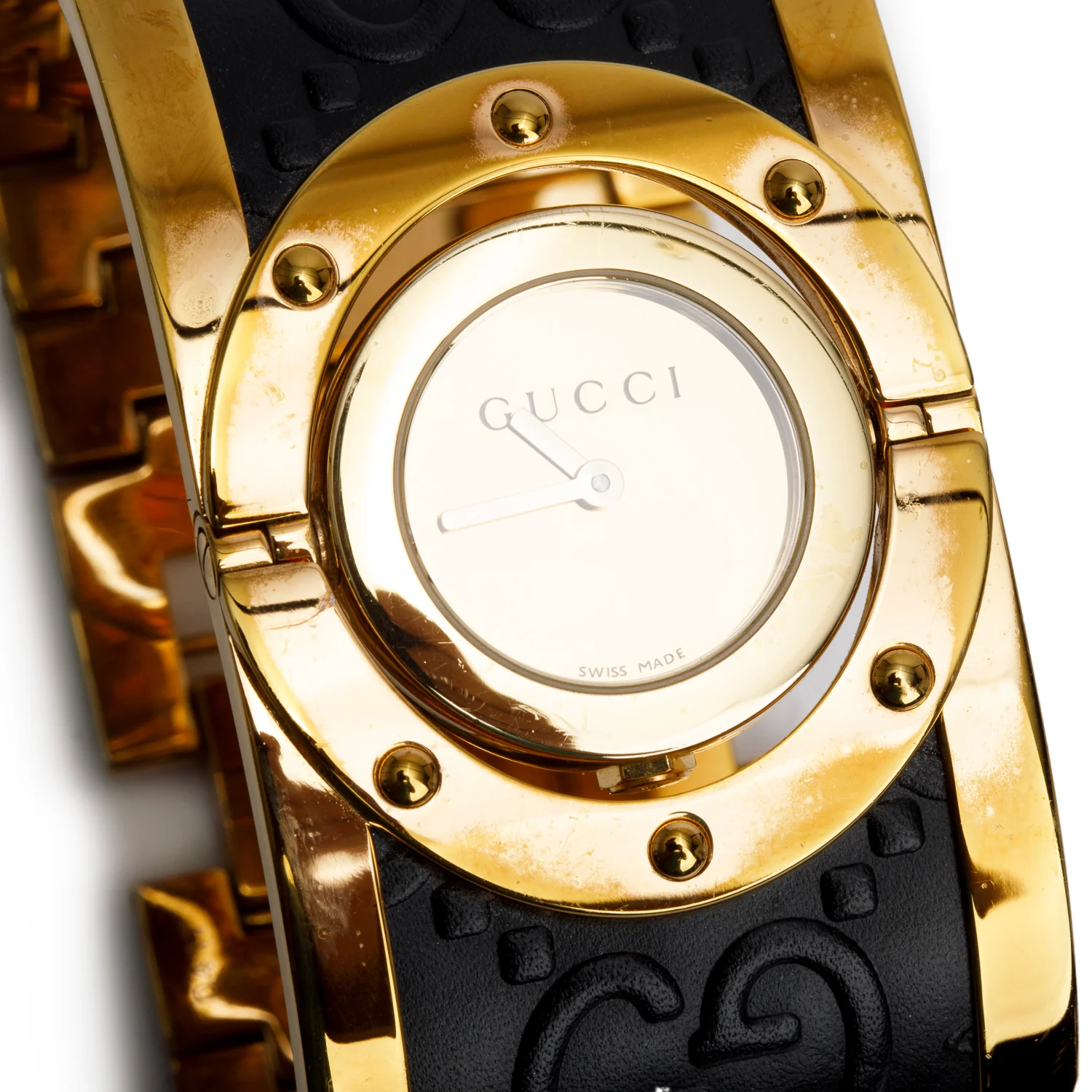 Gucci Yellow Gold Plated Stainless Steel & Black Leather Twirl 24 MM Watch - Image 3