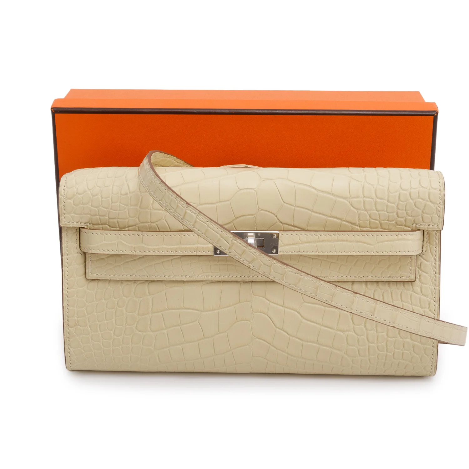 Hermes 2023 Vanille Alligator Mat Kelly Wallet To Go w/ Strap & Box - Image 3