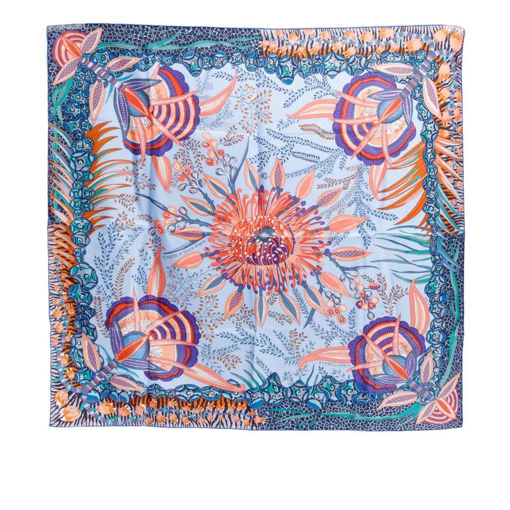 Hermes Bleu Ciel/Orange/Indigo 'Flowers of South Africa' Silk Scarf 90 w/ Box