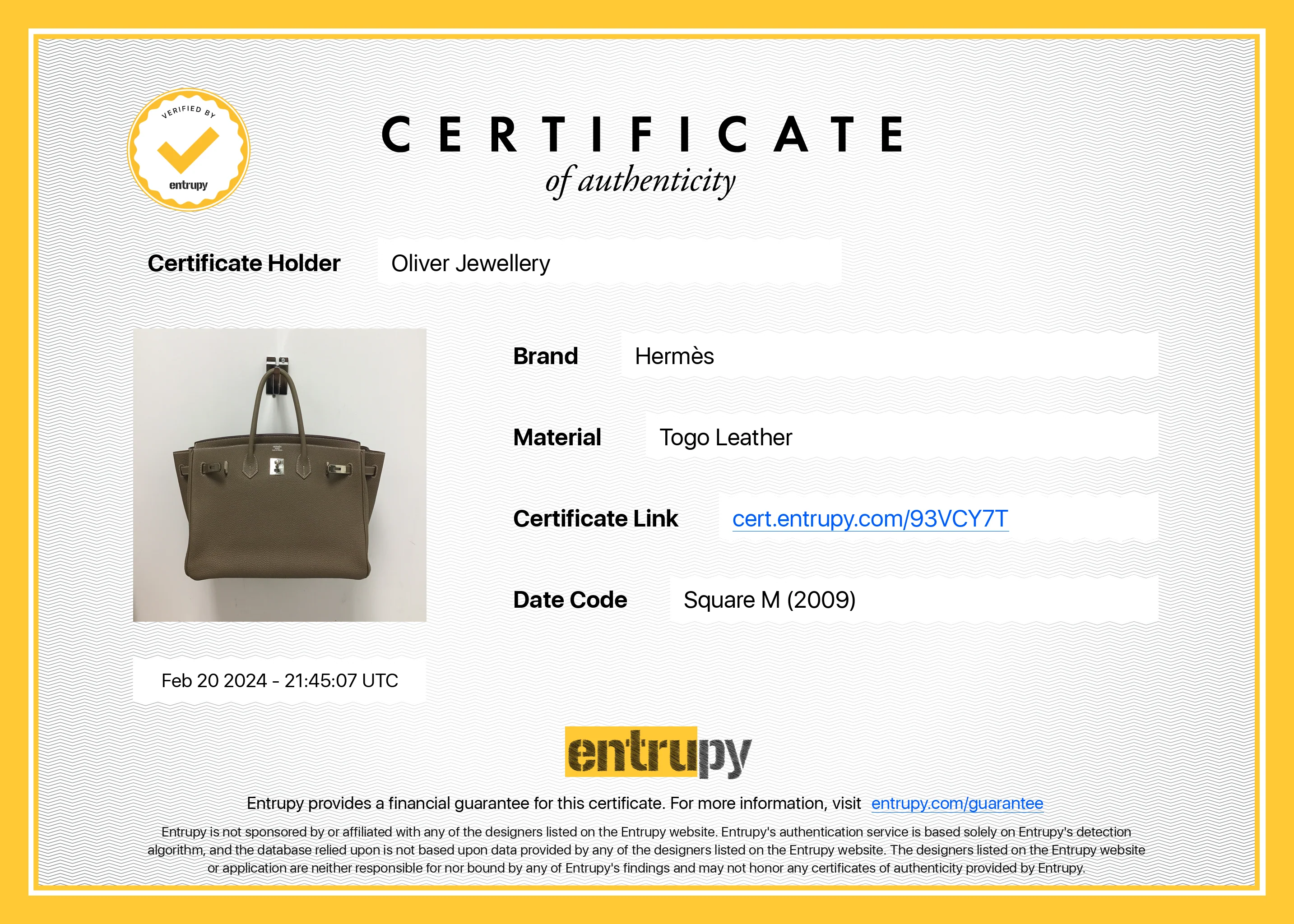 Hermes Etoupe Togo Birkin 35 w/ Box & Receipt - Image 12