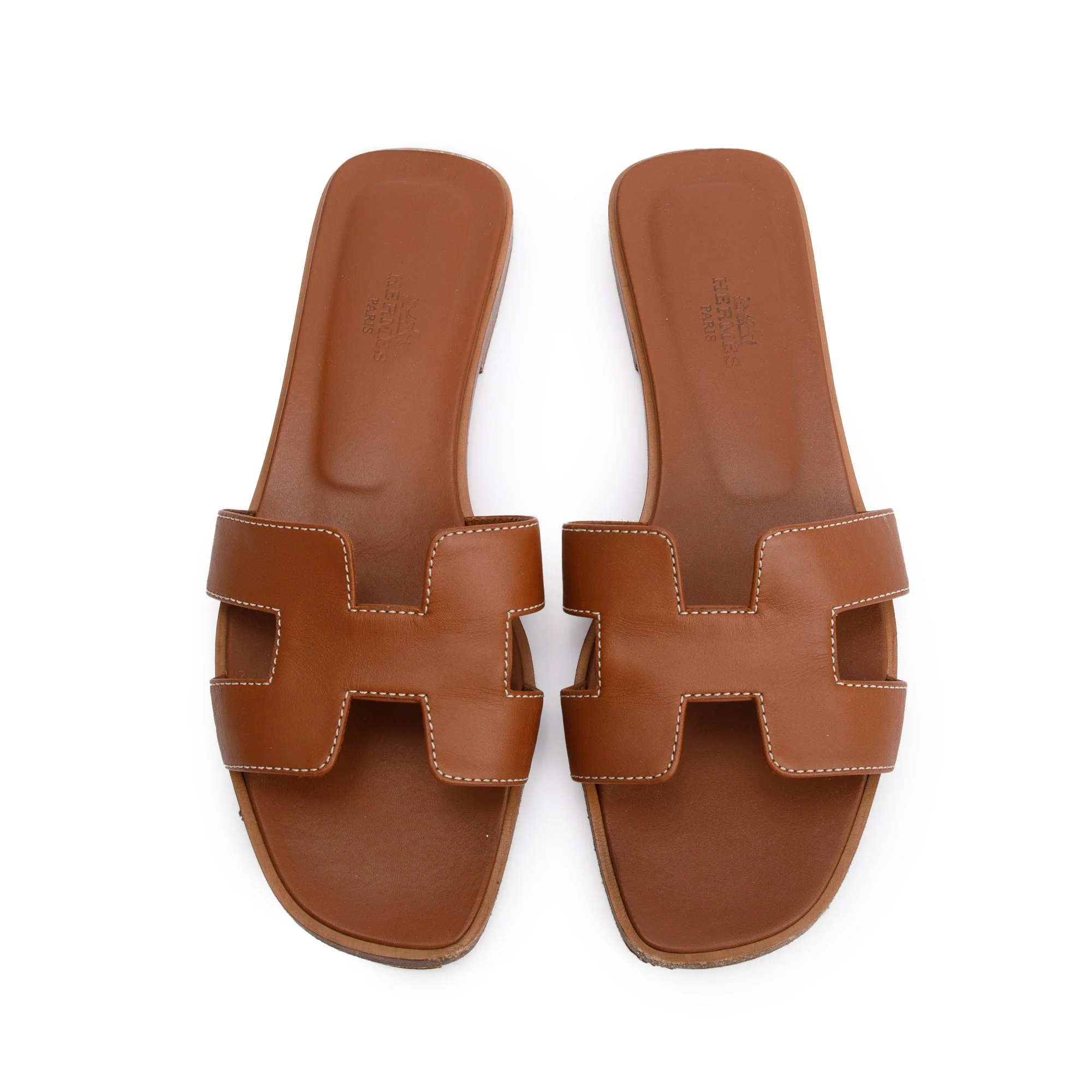 Hermes Gold Box Leather Oran Sandals, Size 37.5 w/ Box - Image 3
