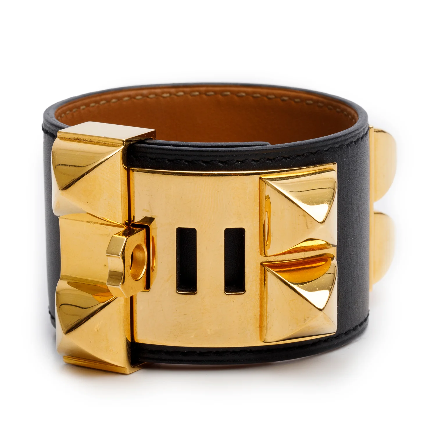 Hermes Gold-Plated Black Box Calfskin Leather Collier de Chien Bracelet, Size S w/ Box