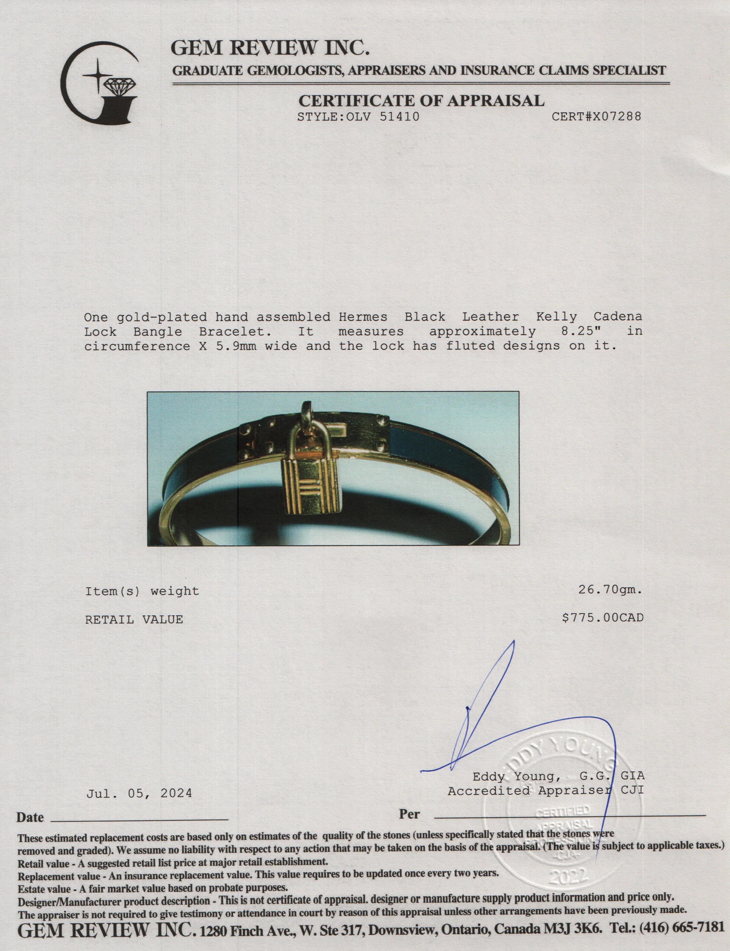 Hermes Gold-Plated Black Leather Kelly Cadena Lock Bangle Bracelet - Image 6