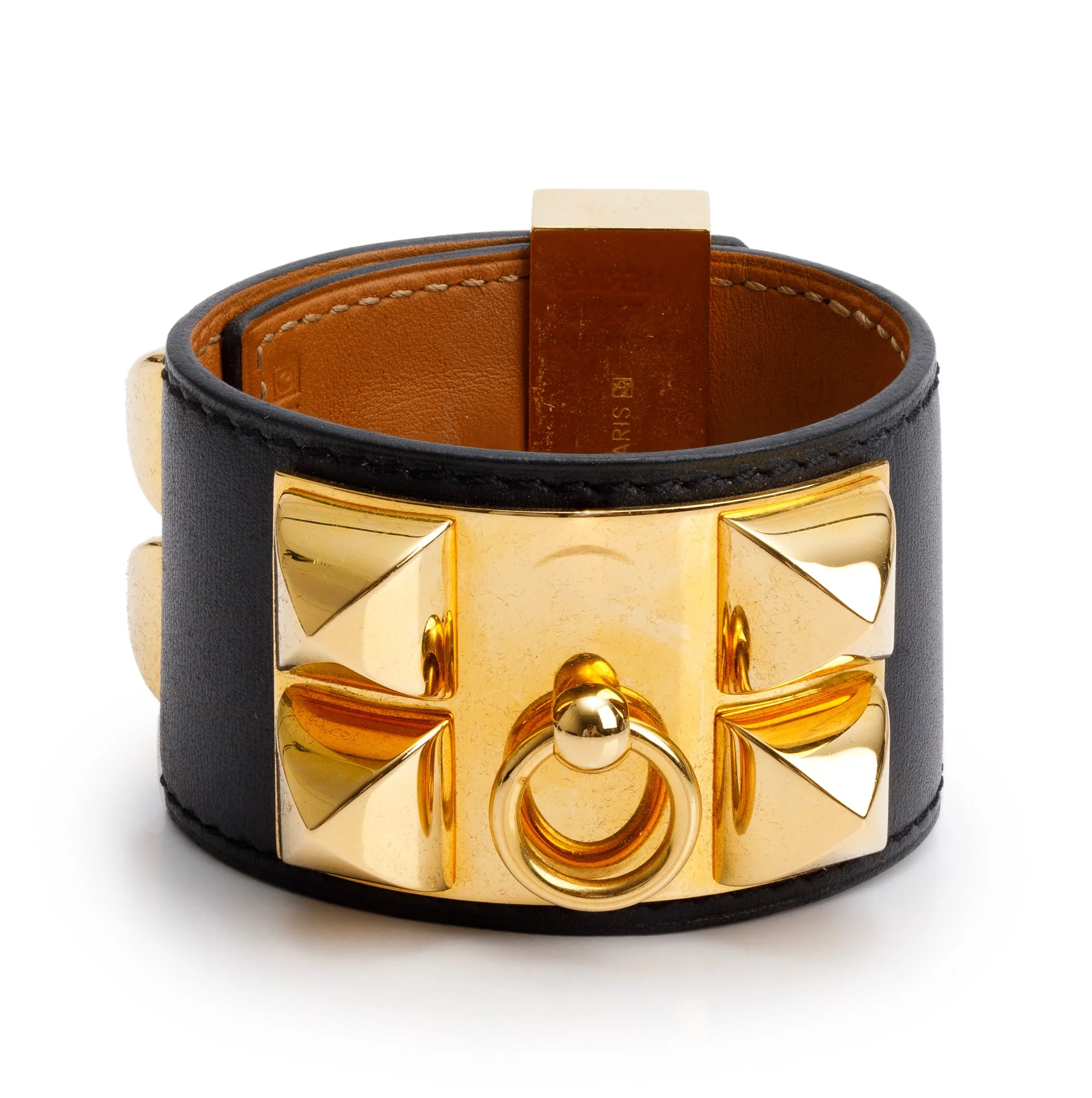 Hermes Gold-Plated Black Swift Leather Collier de Chien Bracelet, Size S - Image 2