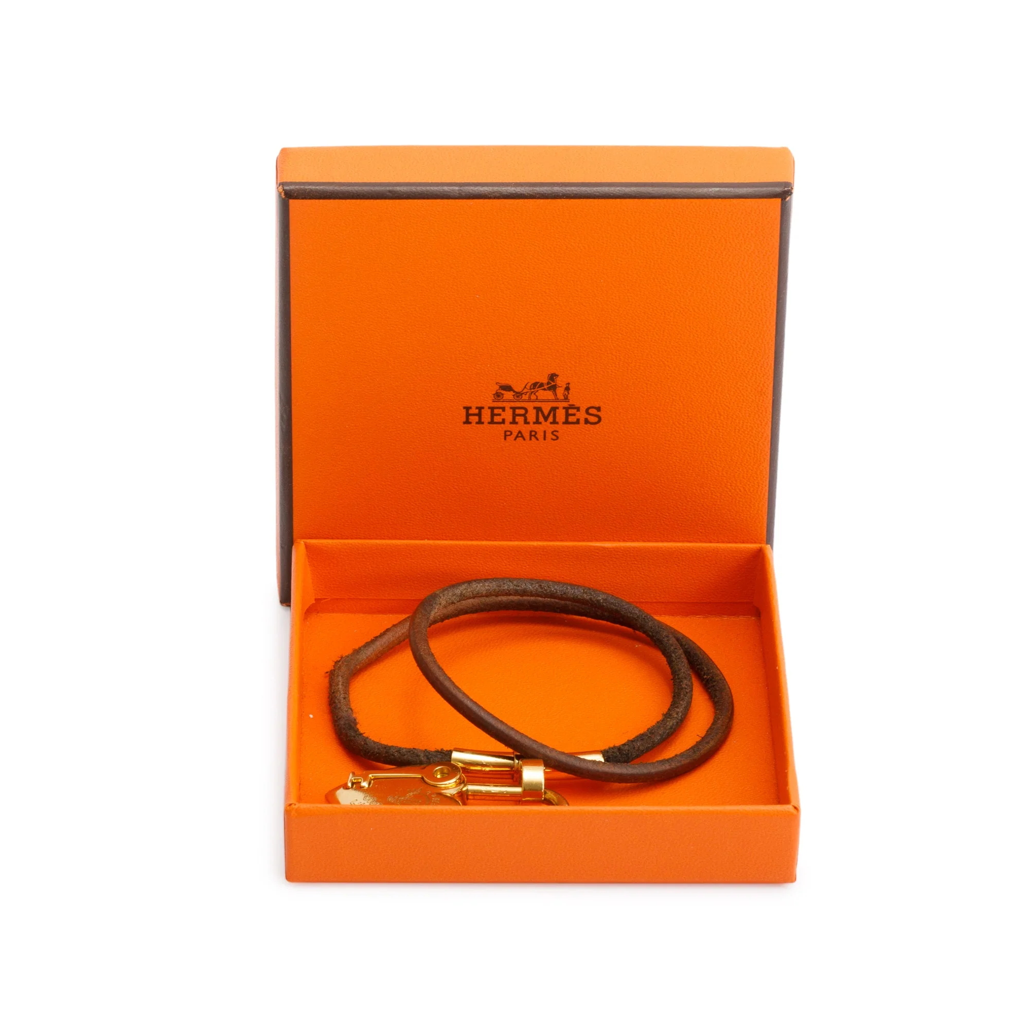 Hermes Gold Plated Brown Leather Cadena Heart Charm Double Tour Bracelet w/ Box - Image 2