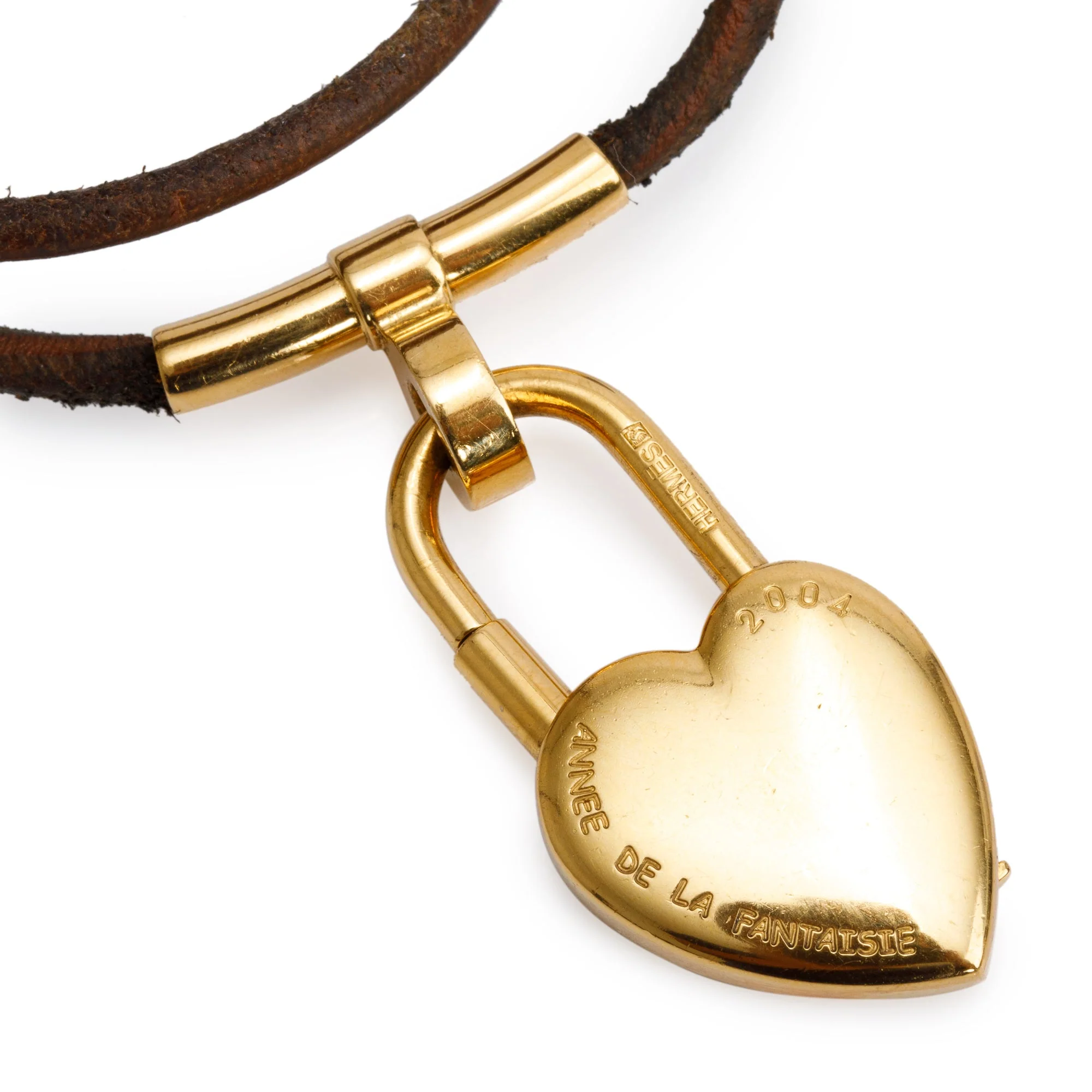 Hermes Gold Plated Brown Leather Cadena Heart Charm Double Tour Bracelet w/ Box - Image 4