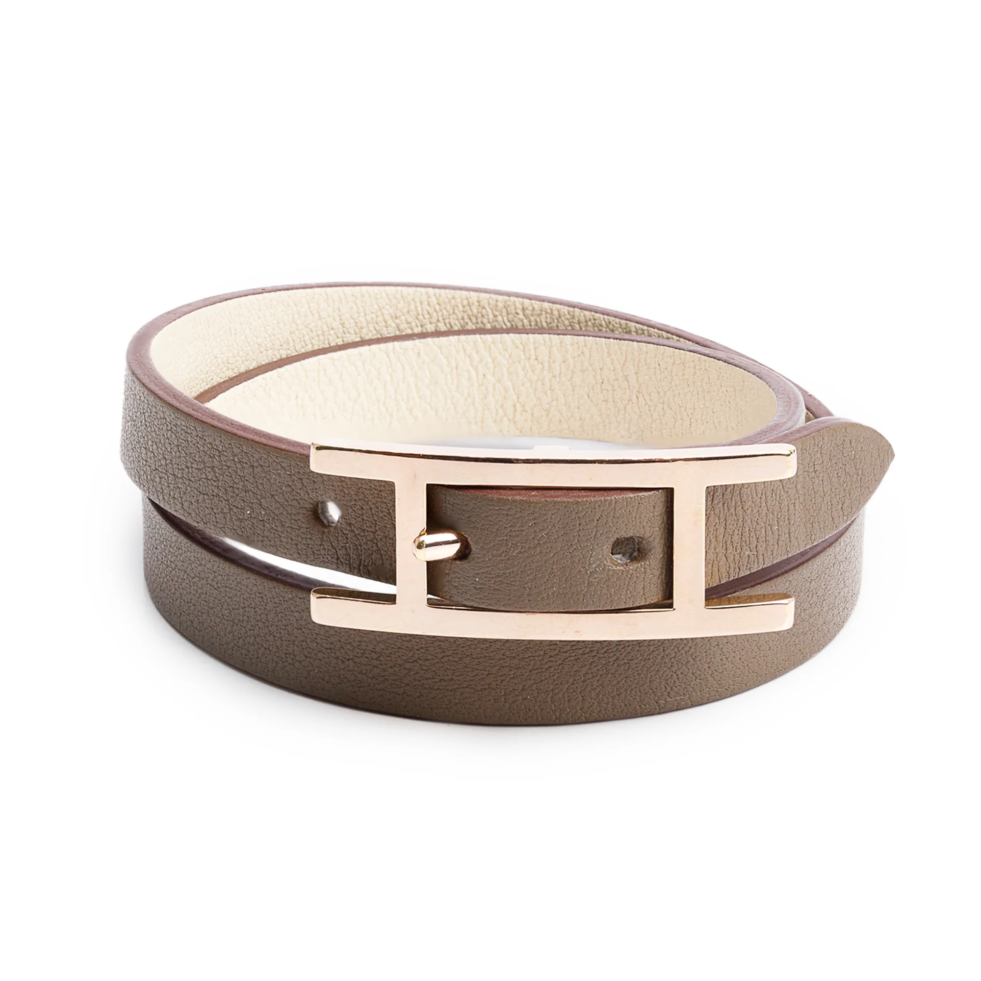 Hermes Gold Plated Etoupe/Nata Leather Behapi Double Tour Bracelet, Size S w/ Box