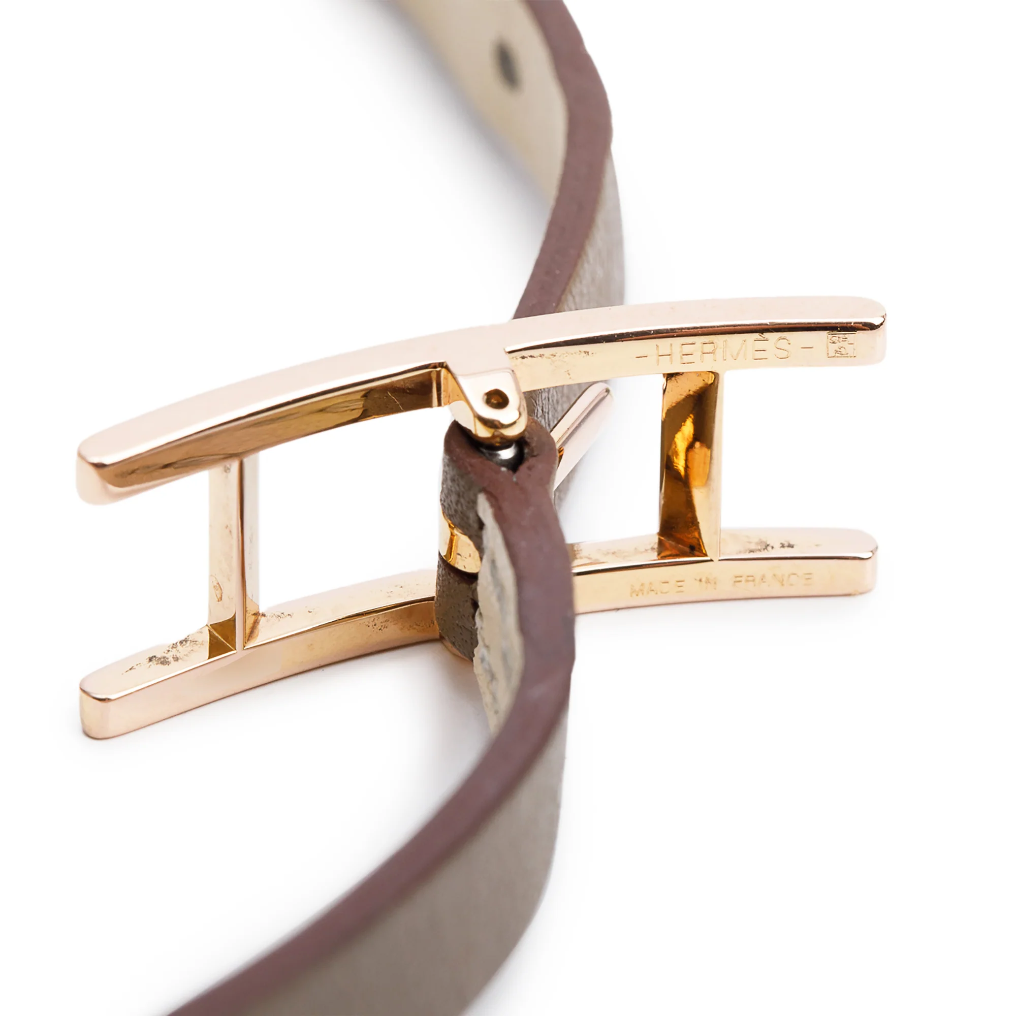 Hermes Gold Plated Etoupe/Nata Leather Behapi Double Tour Bracelet, Size S w/ Box - Image 2