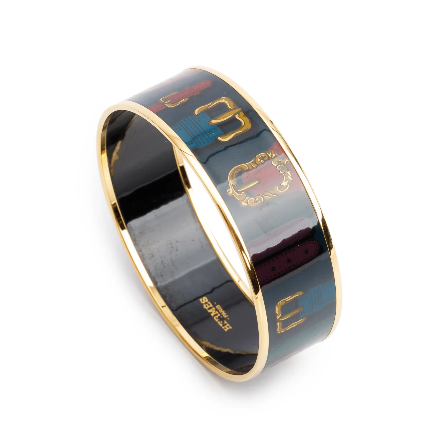 Hermes Gold-Plated Harnais Des Presidents Multicolor Enamel Wide Bangle - Image 3