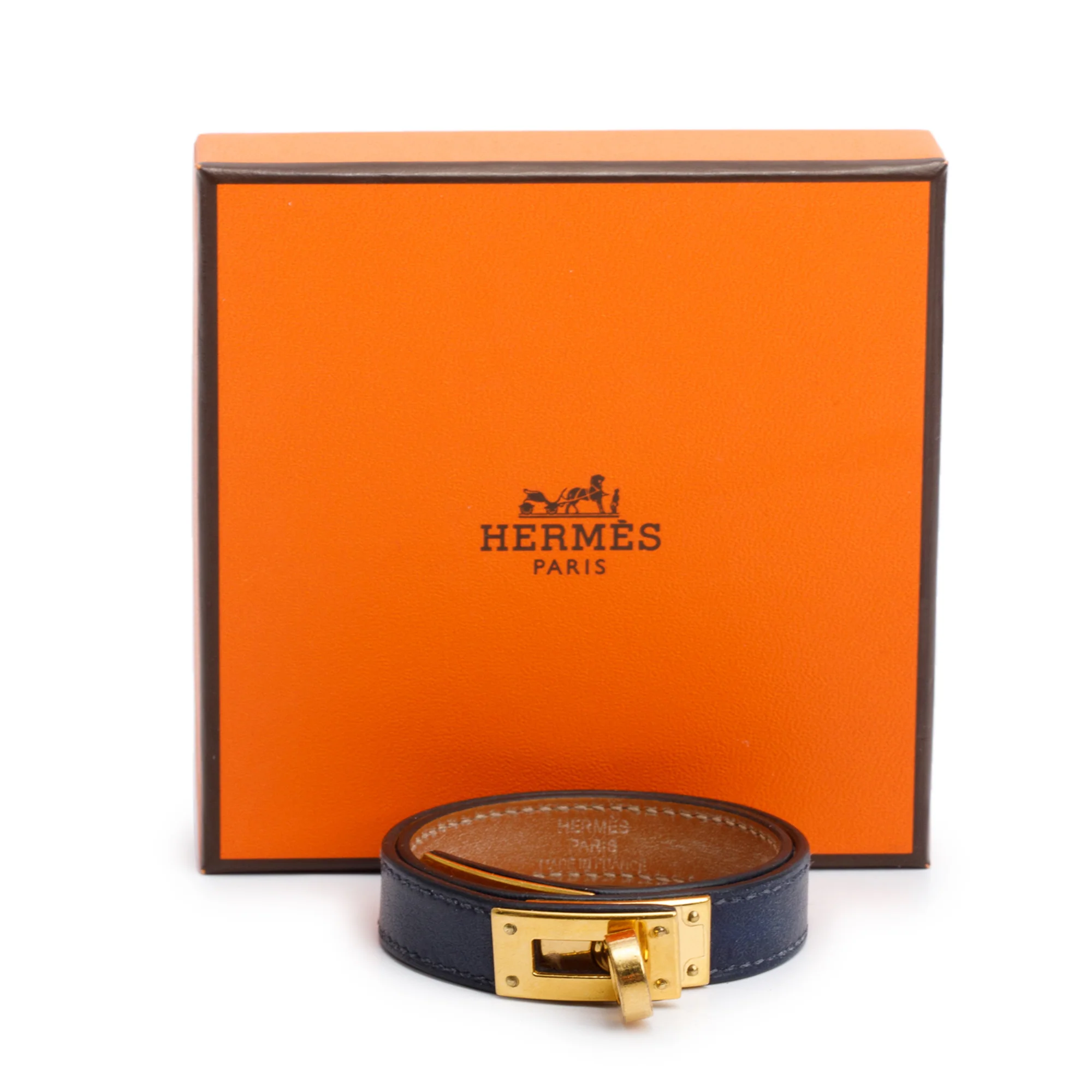 Hermes Gold Plated Navy Swift Calfskin Kelly Double Tour Bracelet, Size T3 w/ Box - Image 2