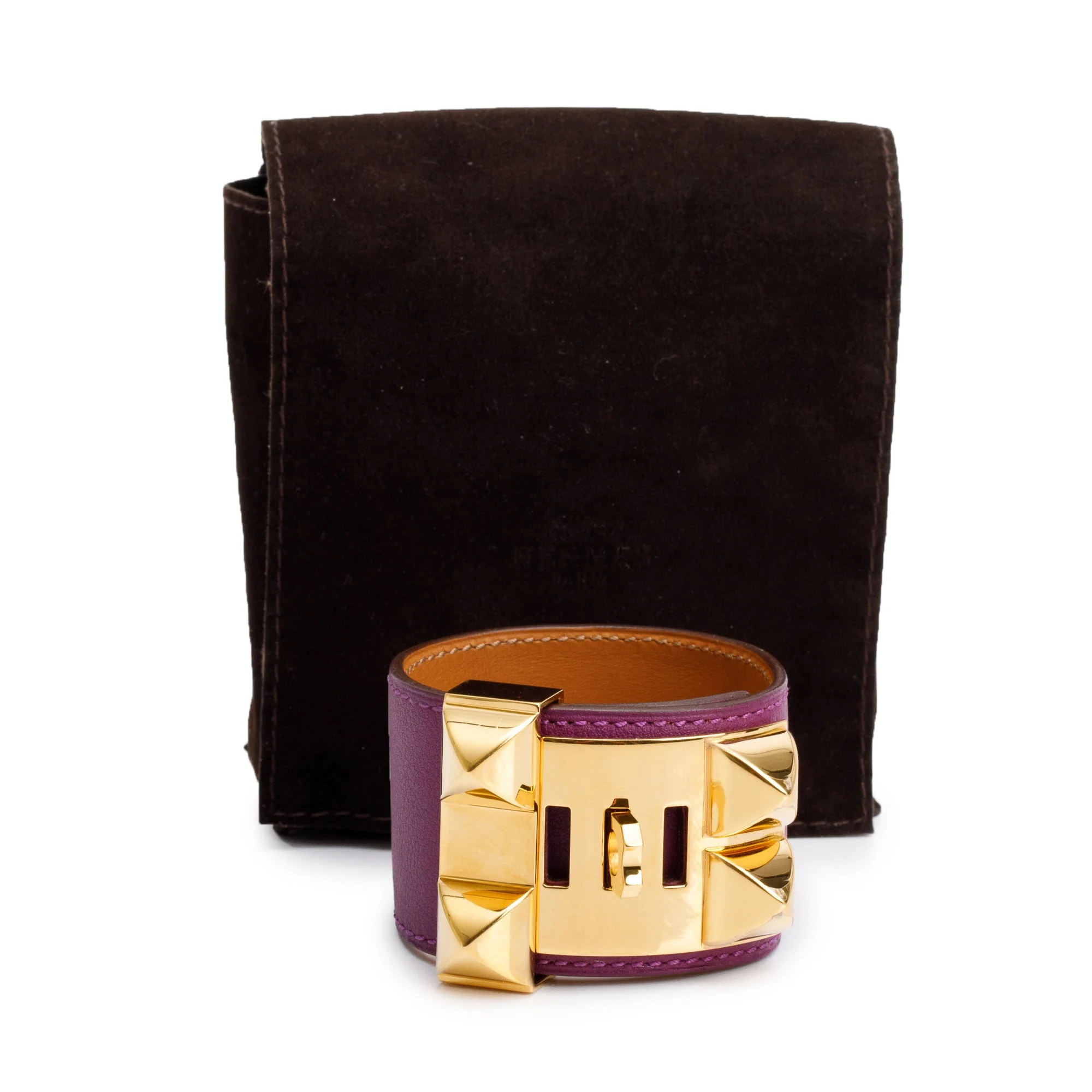 Hermes Gold-Plated Purple Swift Leather Collier de Chien Bracelet - Image 2
