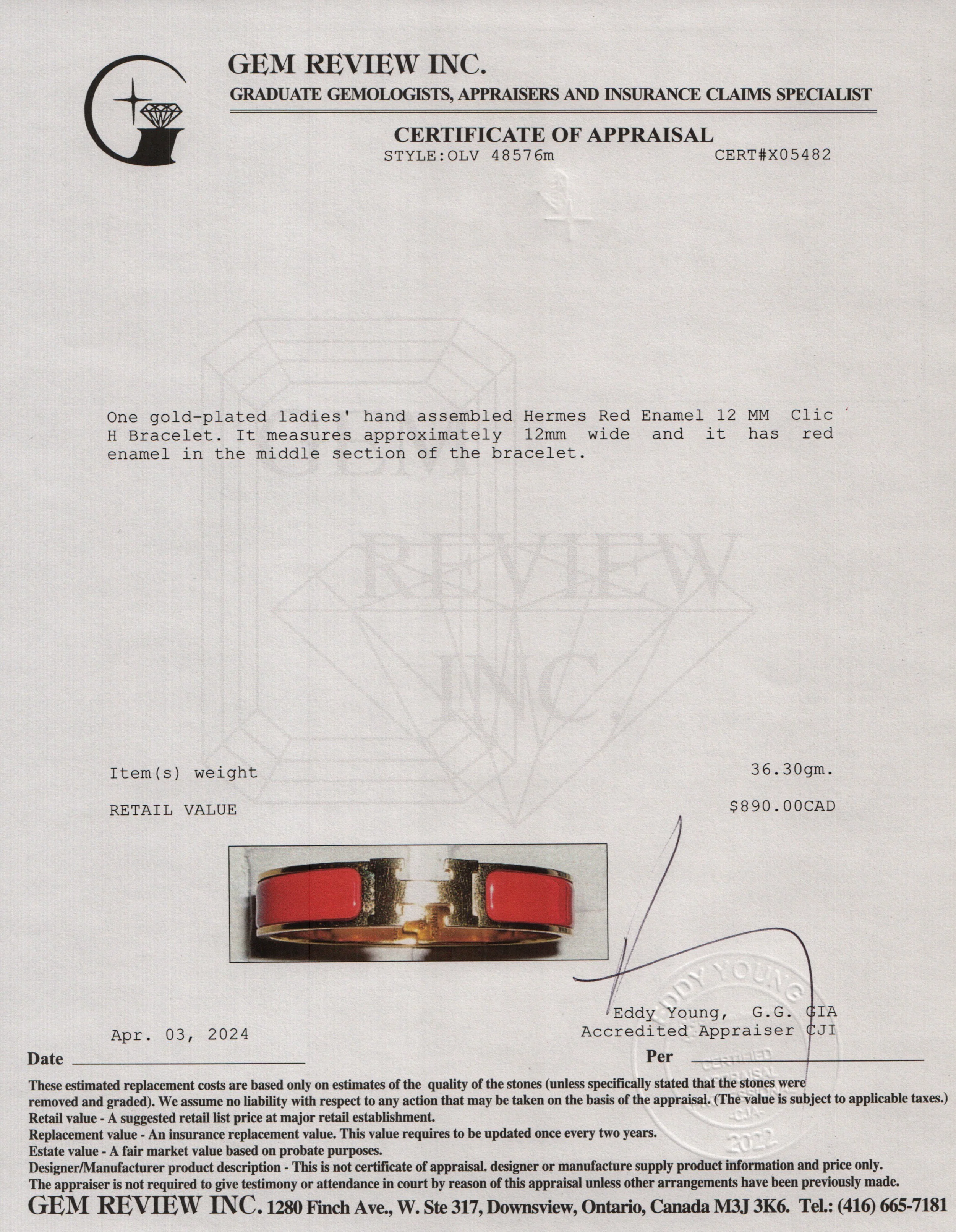 Hermes Gold-Plated Red Enamel 12 MM Clic H Bracelet w/ Box - Image 5