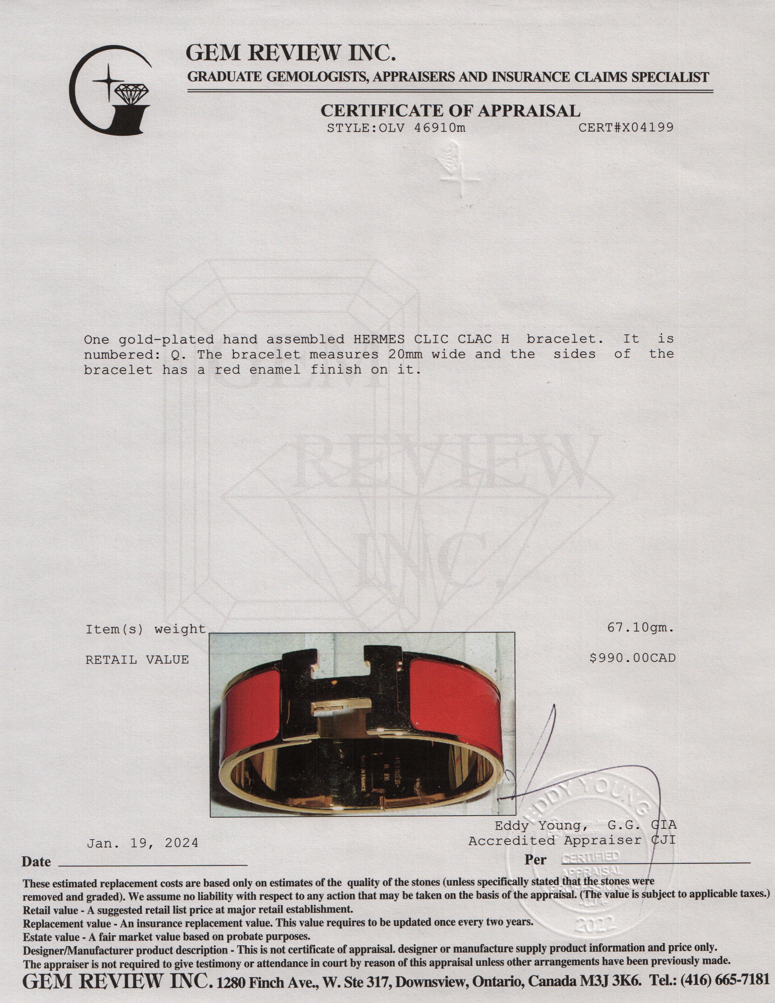 Hermes Gold-Plated Red Enamel Clic Clac H Bracelet - Image 6