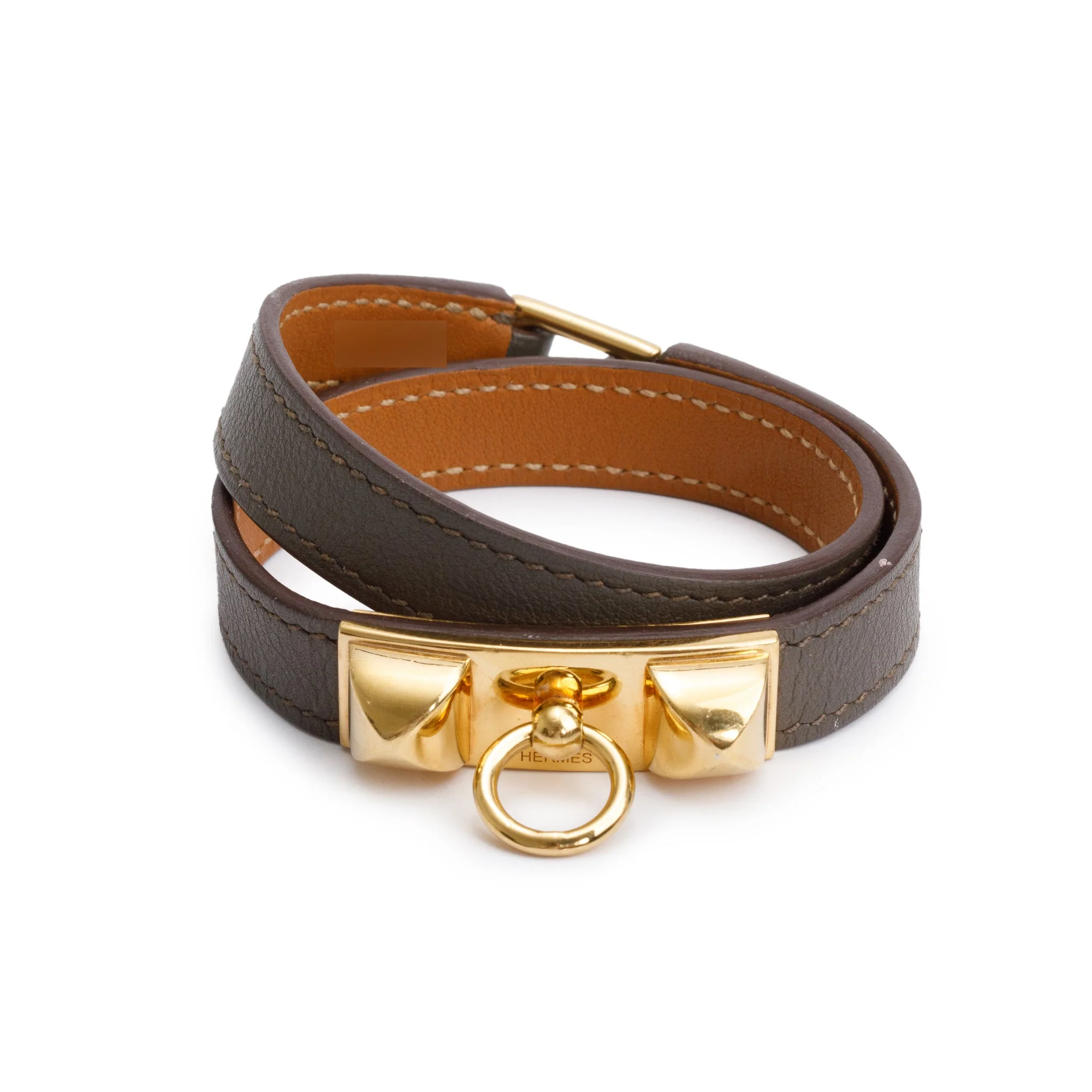 Hermes Gold Plated Rivale Double Tour Etoupe Leather Bracelet, Size S w/ Box - Image 3