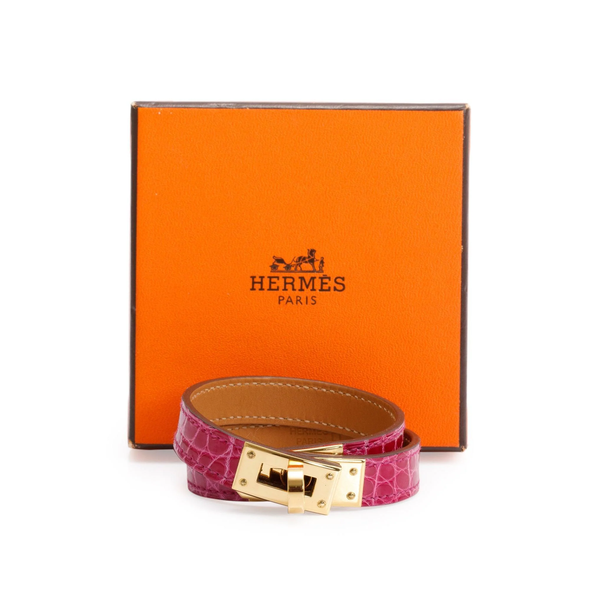 Hermes Gold Plated Rose Scheherazade Alligator Kelly Double Tour Bracelet, Size S w/ Box - Image 2