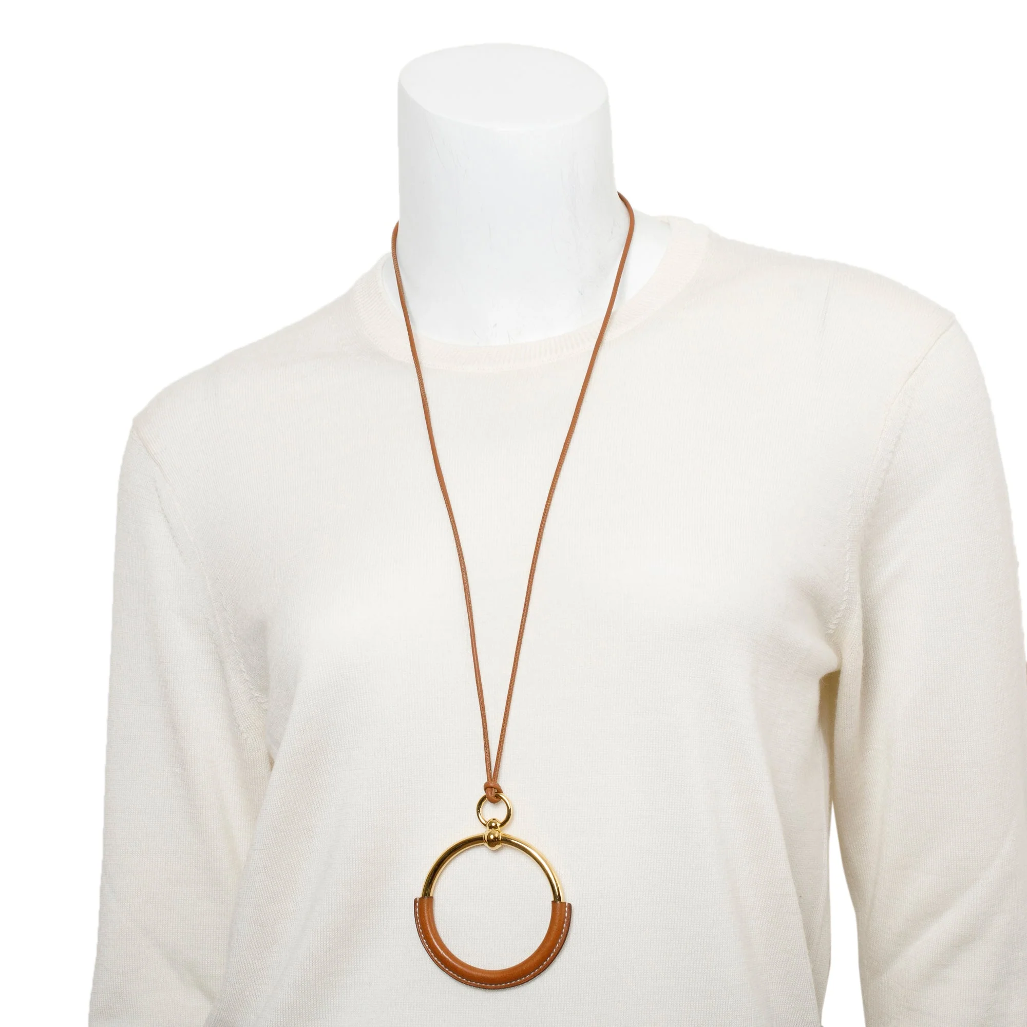 Hermes Gold-Plated Tan Swift Leather Loop Pendant Necklace - Image 2