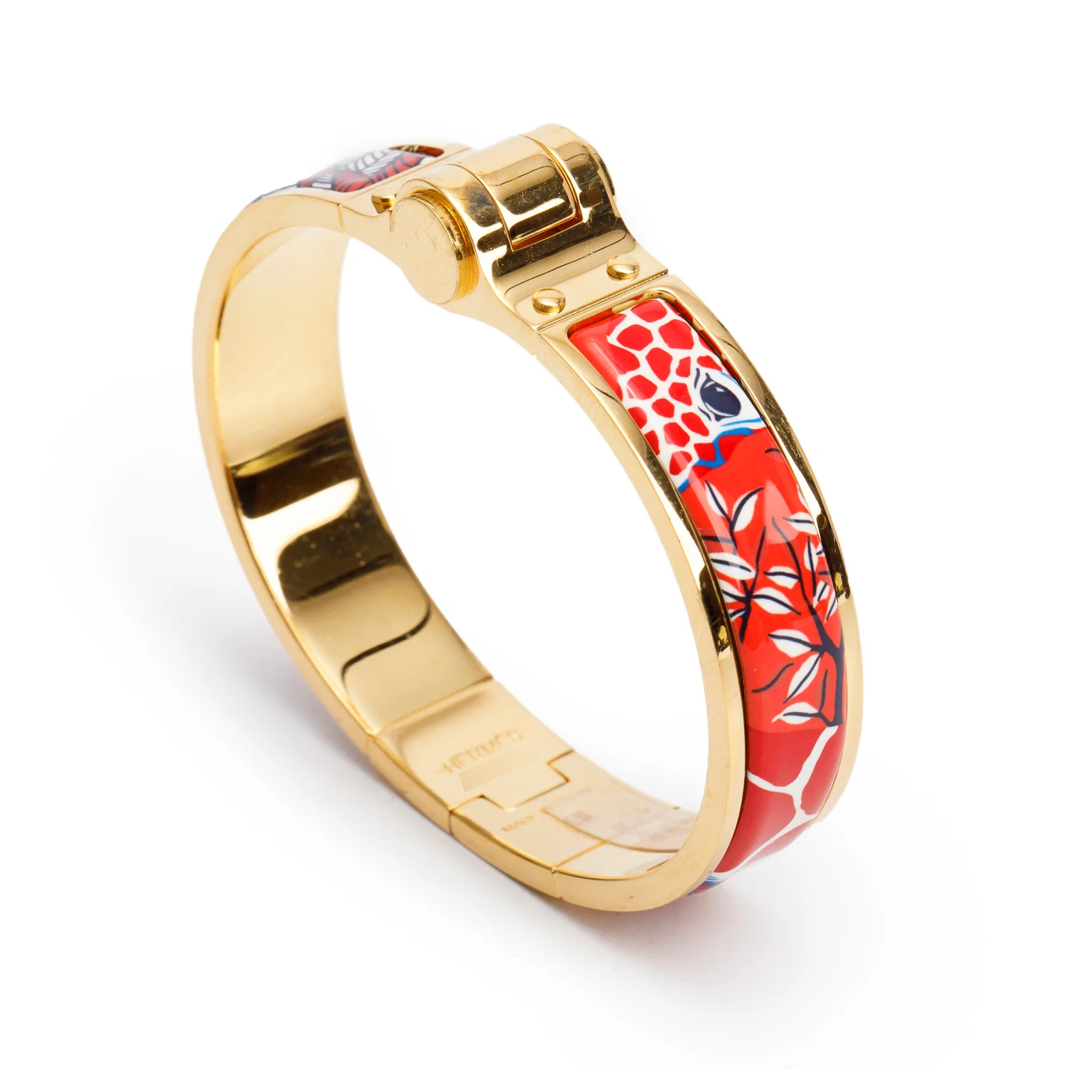 Hermes Gold-Plated The Three Graces Enamel Narrow Hinged Bracelet w/ Box - Image 3